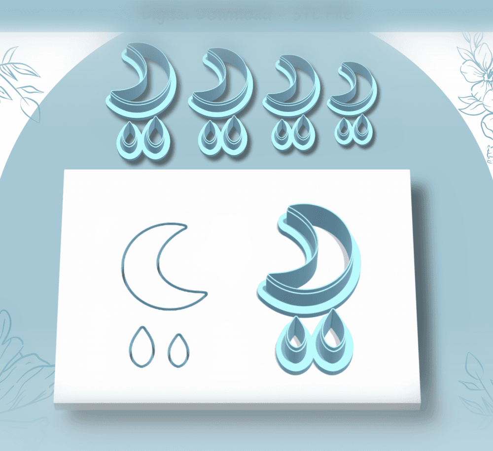 Crescent Moon and Teardrop Clay Cutter for Polymer Clay | Digital STL File | Clay Tools | 4 Sizes 3d model