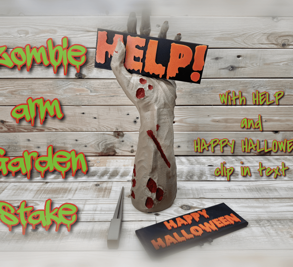 Zombie arm garden stake. with happy halloween and help signs 3d model