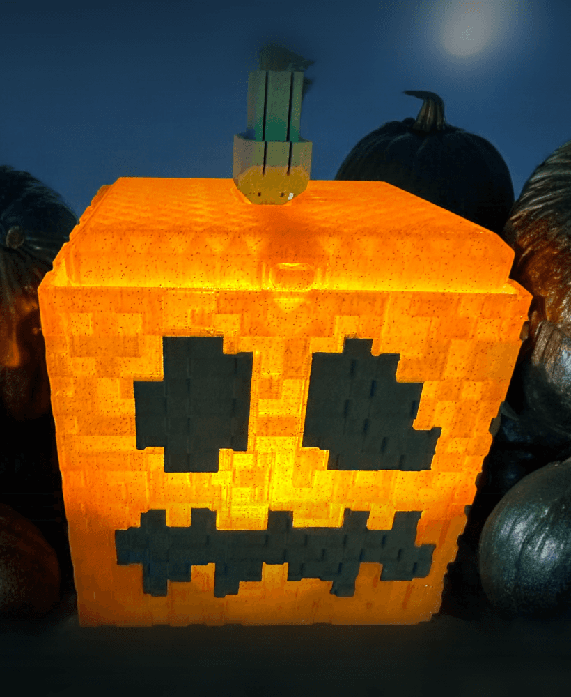 MINECRAFT STYLIZED, JACK O LANTERN, PUMPKIN, Print in Place lid and locking mechanism 3d model