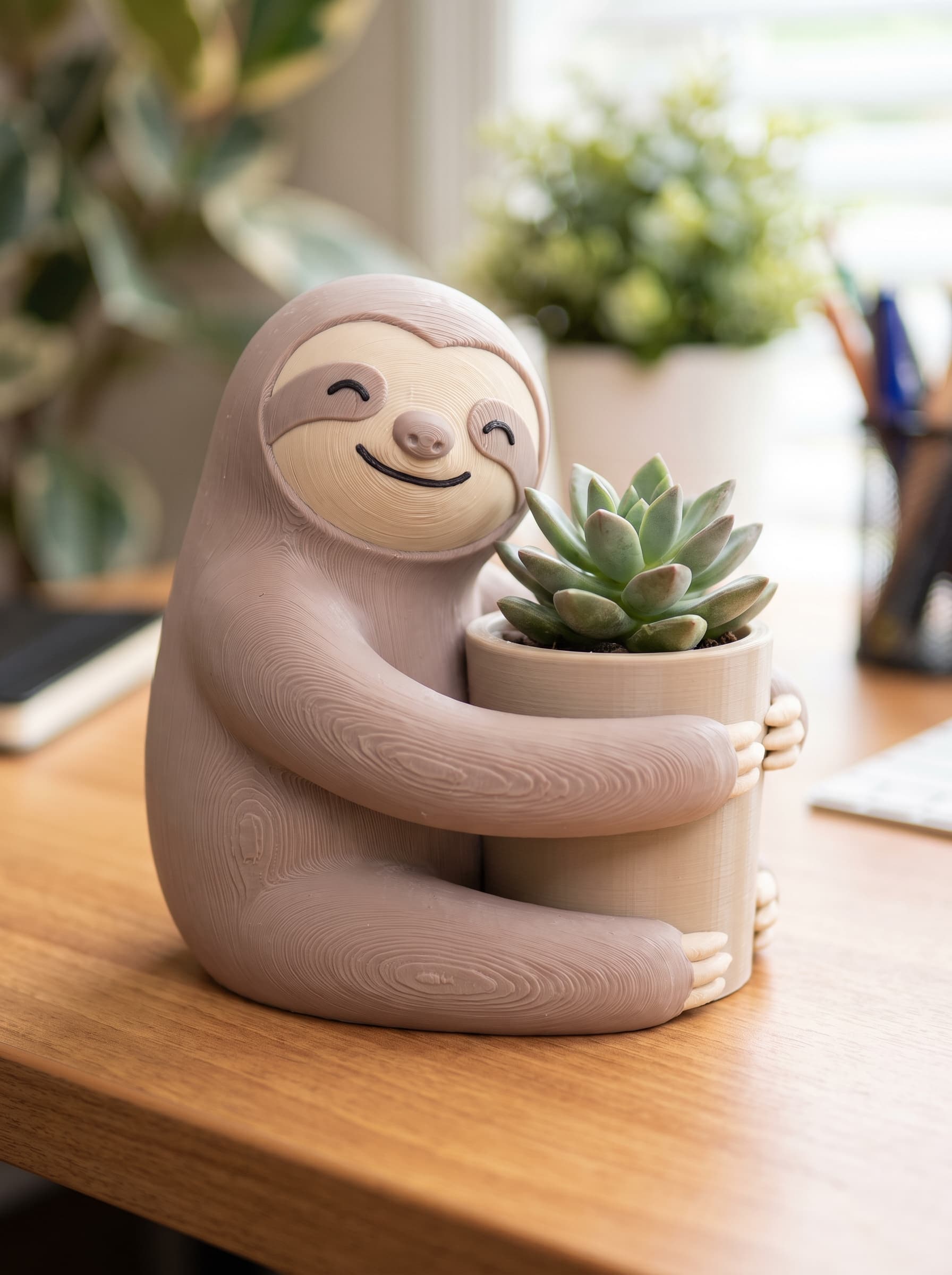 Cute Chibi Sloth Planter & Desk Organizer – Support-Free 3d model