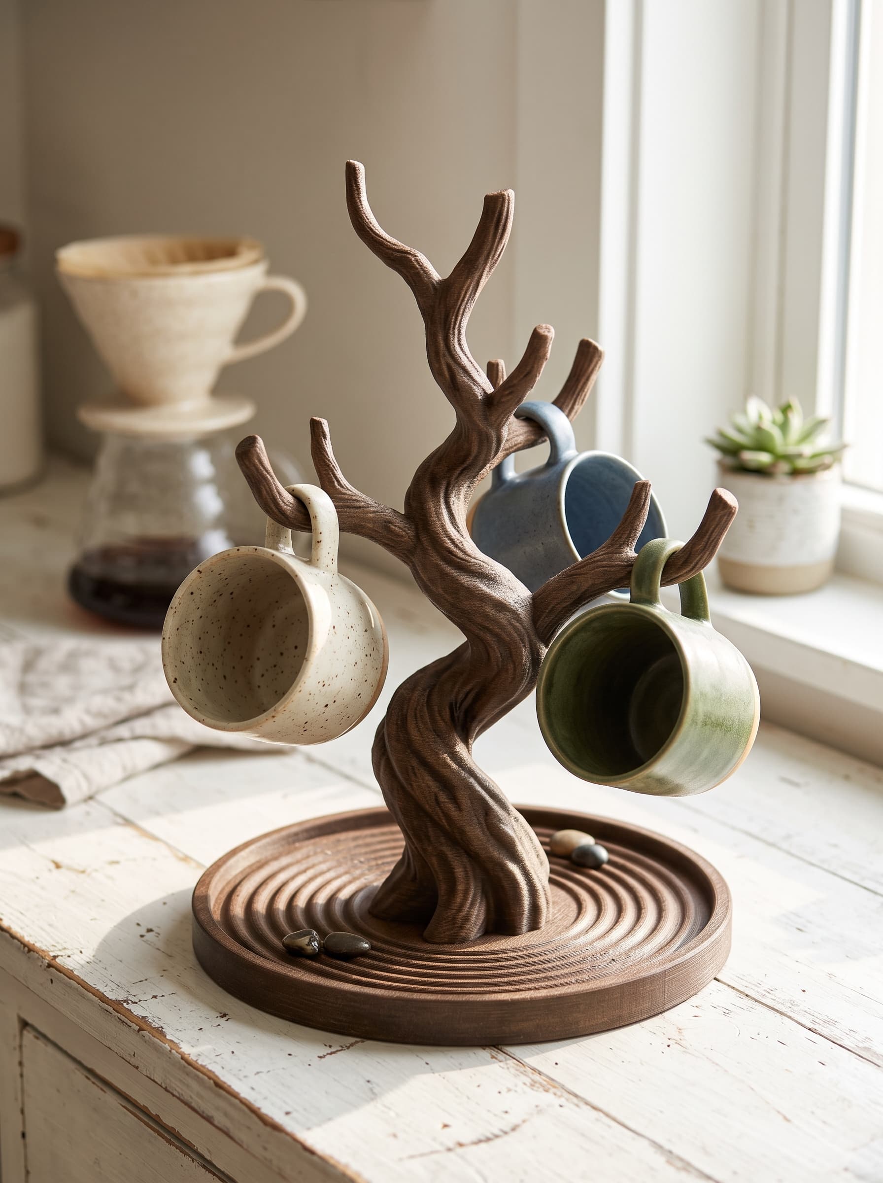 Zen Twisted Bonsai Tree Jewelry Stand - Elegant Wood-Textured Catchall Tray 3d model