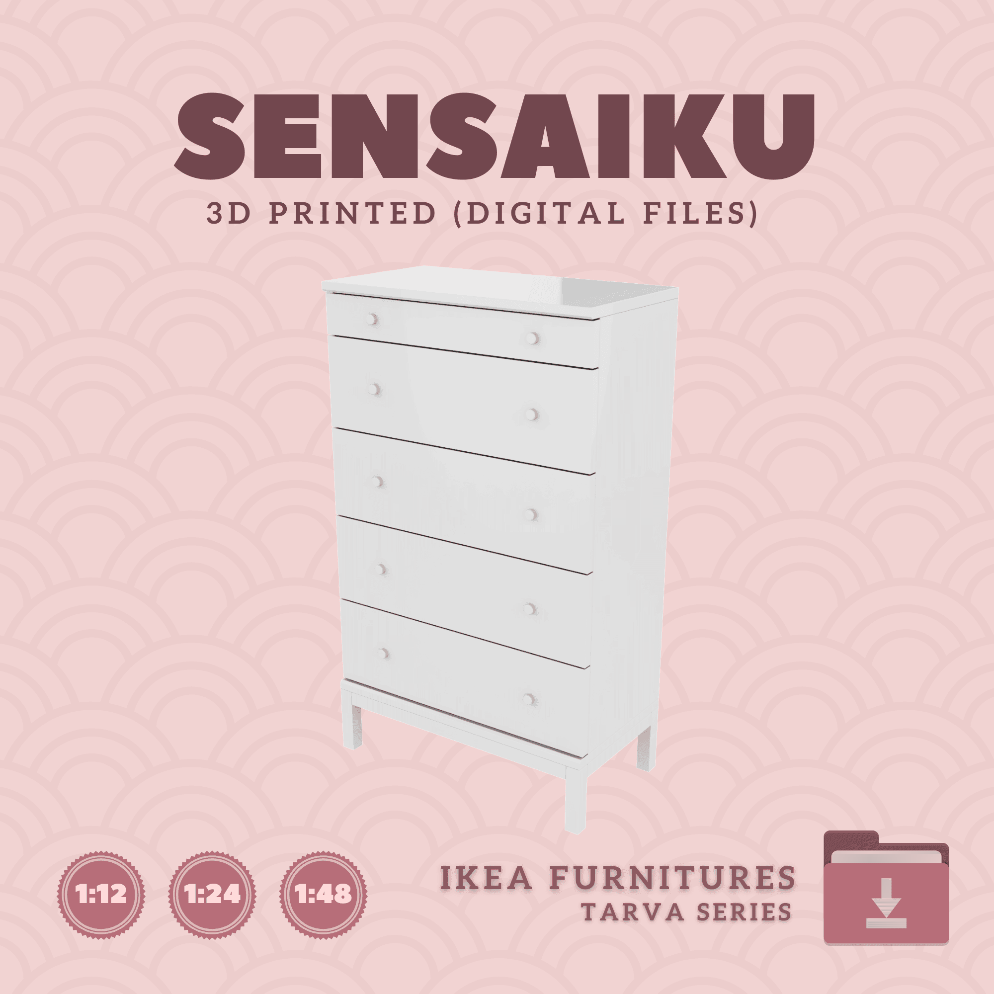Miniature Replica 03. TARVA 5 Drawer Chest for Miniature Dollhouse - IKEA - 3D Print Instant Downloa 3d model