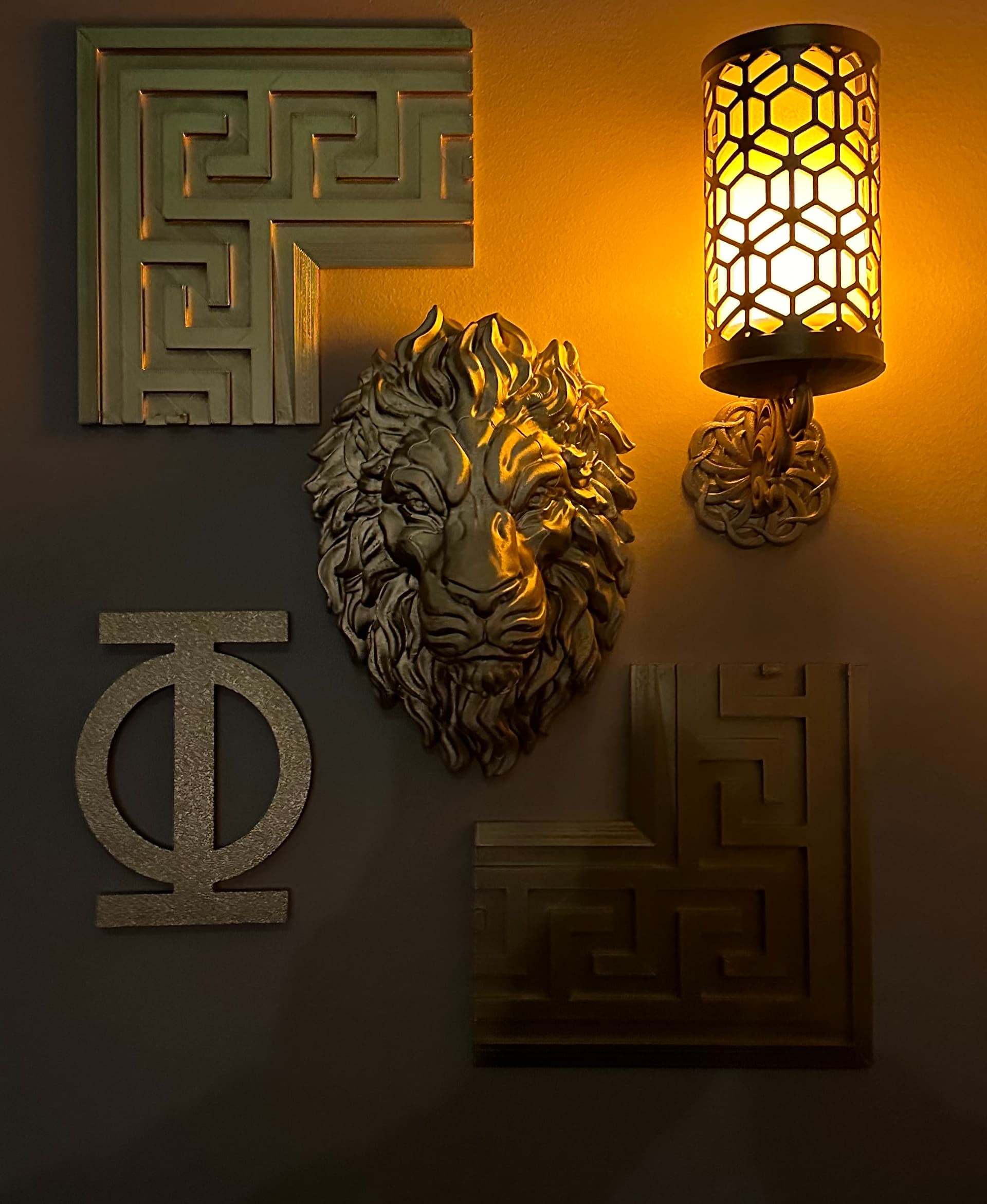 Lion with Greek art and flame lamp.