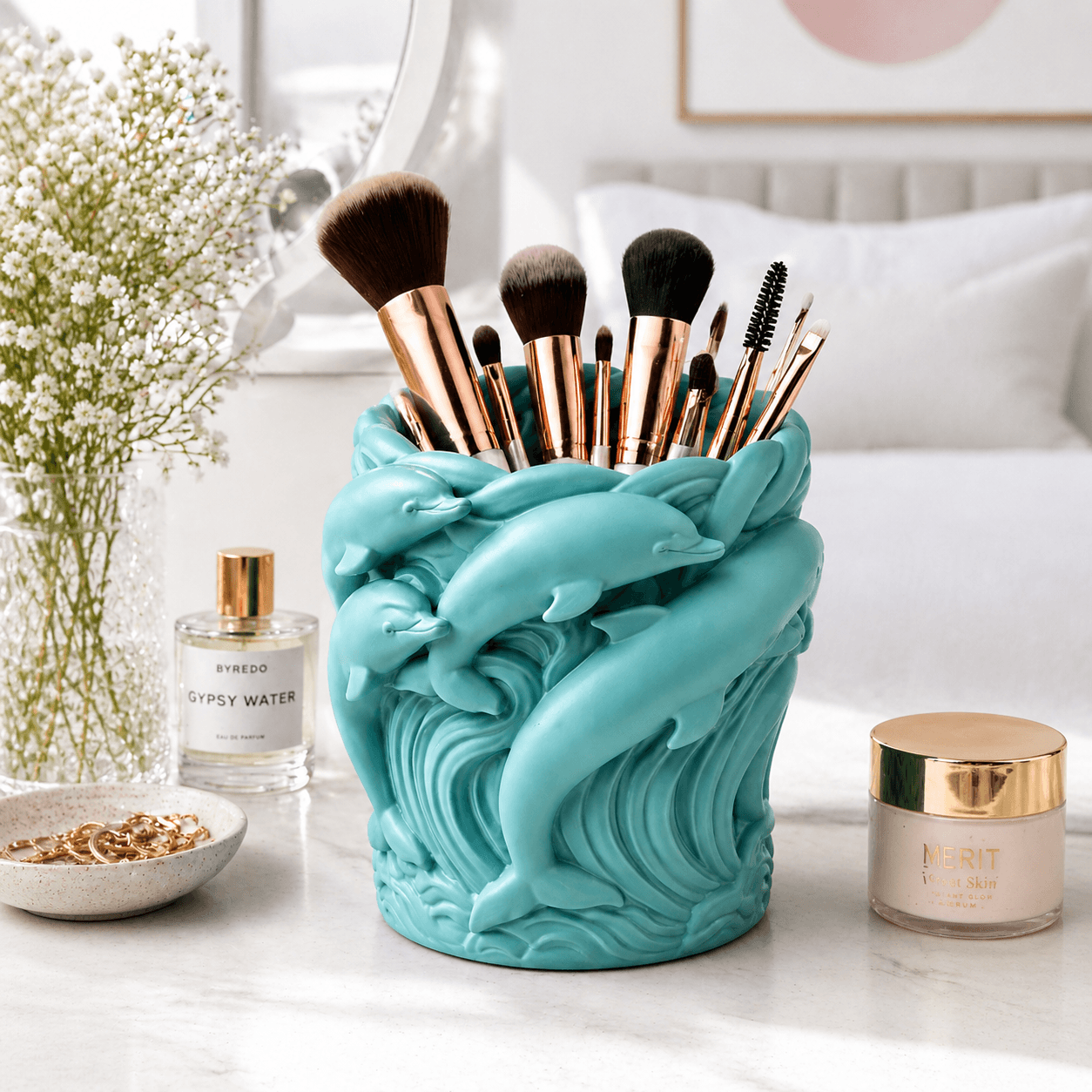 Dolphin Makeup Brush Holder STL – Ocean Vanity Organizer & Coastal Decor 3d model