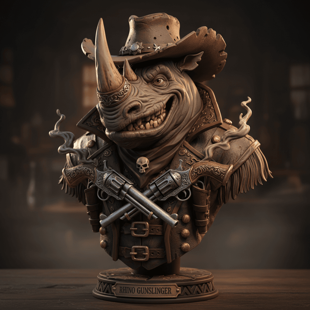 Cowboy Rhino Bust Gunslinger Sculpture STL File 3d model