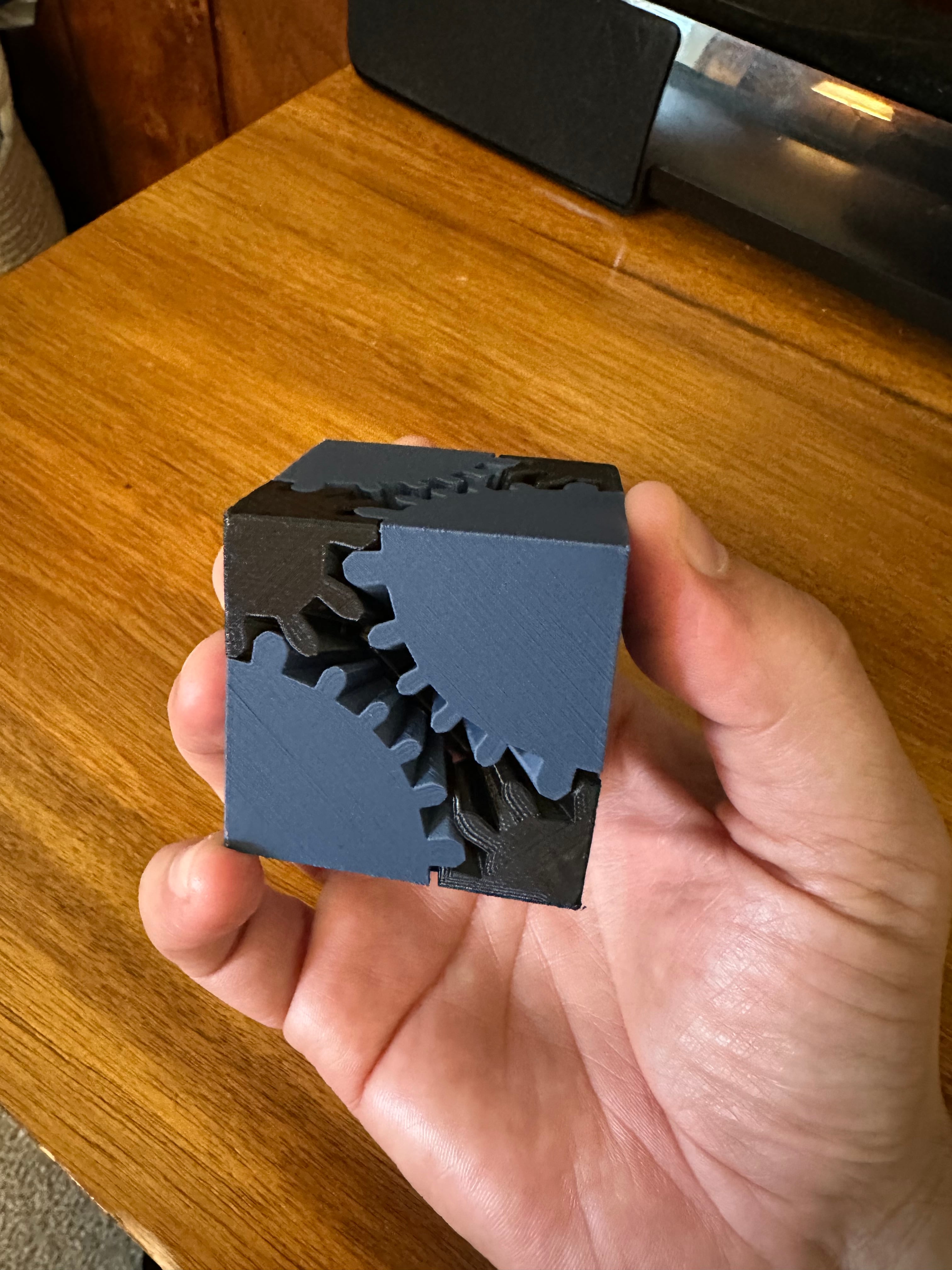 Really nice model! Printed with Hatchbox True Black and Matt Navy. Very smooth gear motion, and printed easily on a Monoprice Ultimate 2