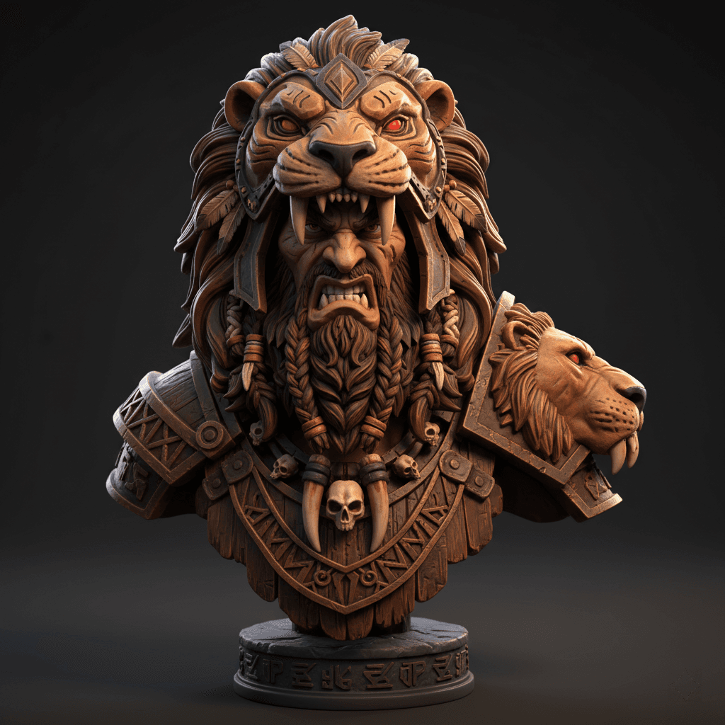 Tribal Lion Bust Hunter Premium STL Download 3d model