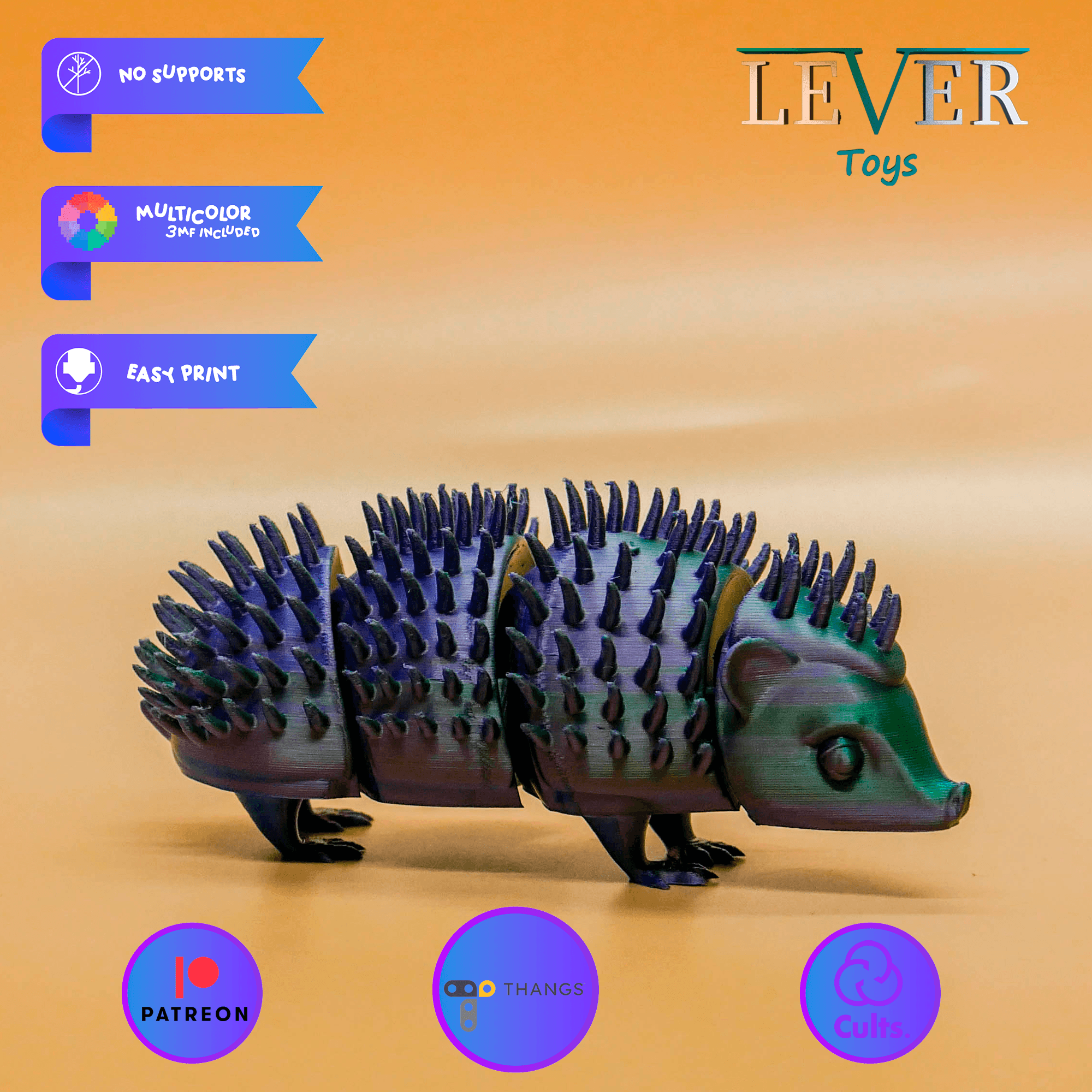 Cute hedgehog (articulated) print-in-place multicolor LEVERTOYS 3d model