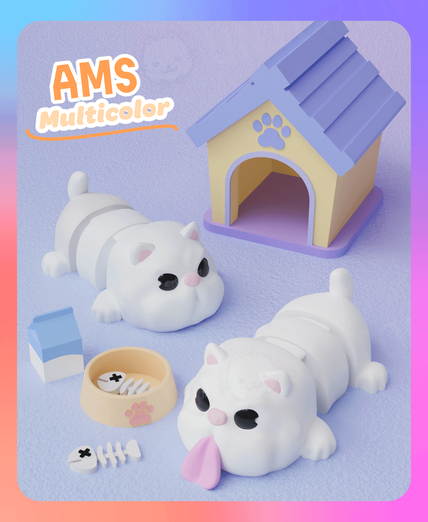 Flexi Persian Cat Keychain with Cat House (Multicolor) 3d model