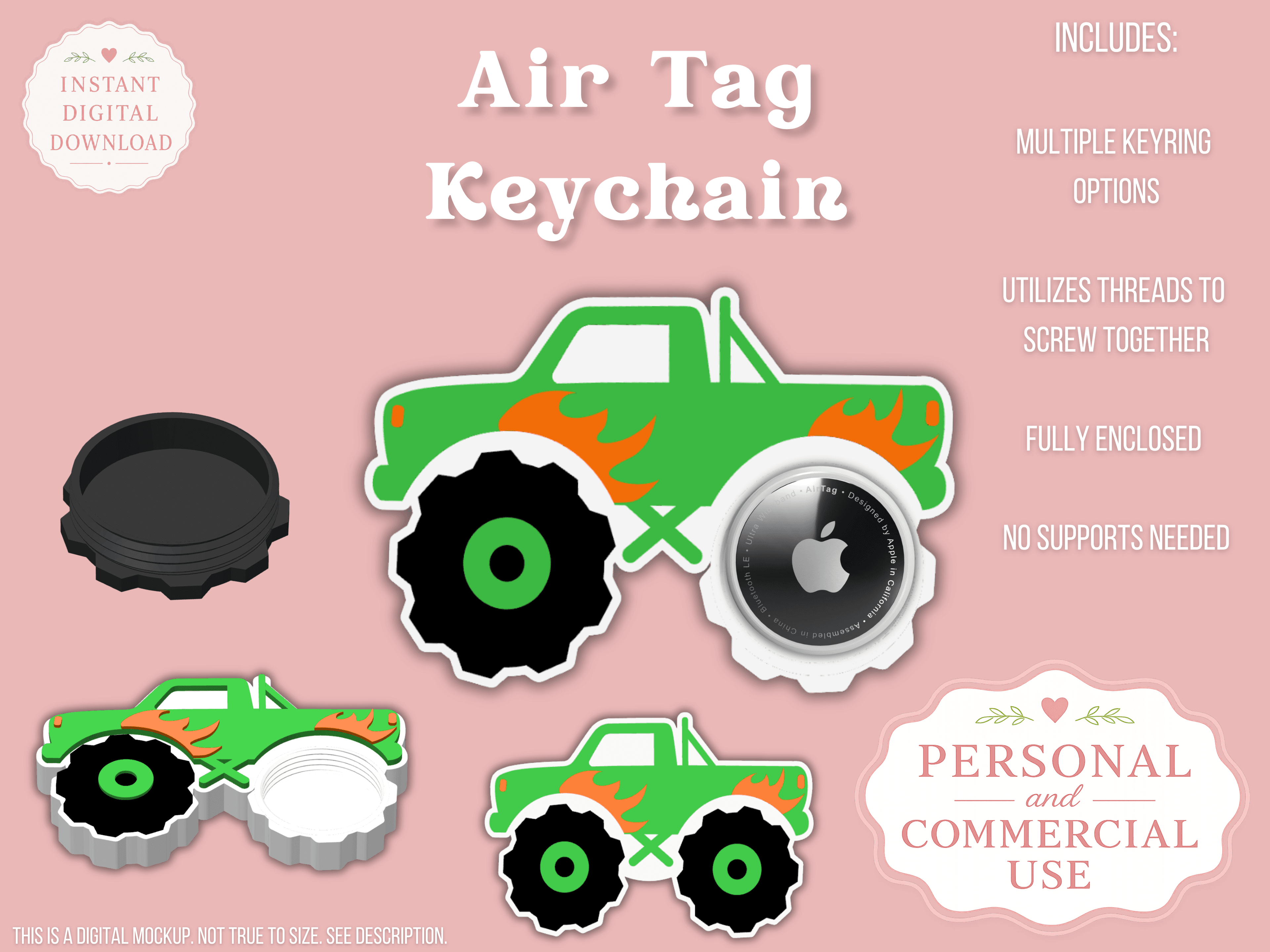 Monster Truck AirTag Holder Keychain 3d model