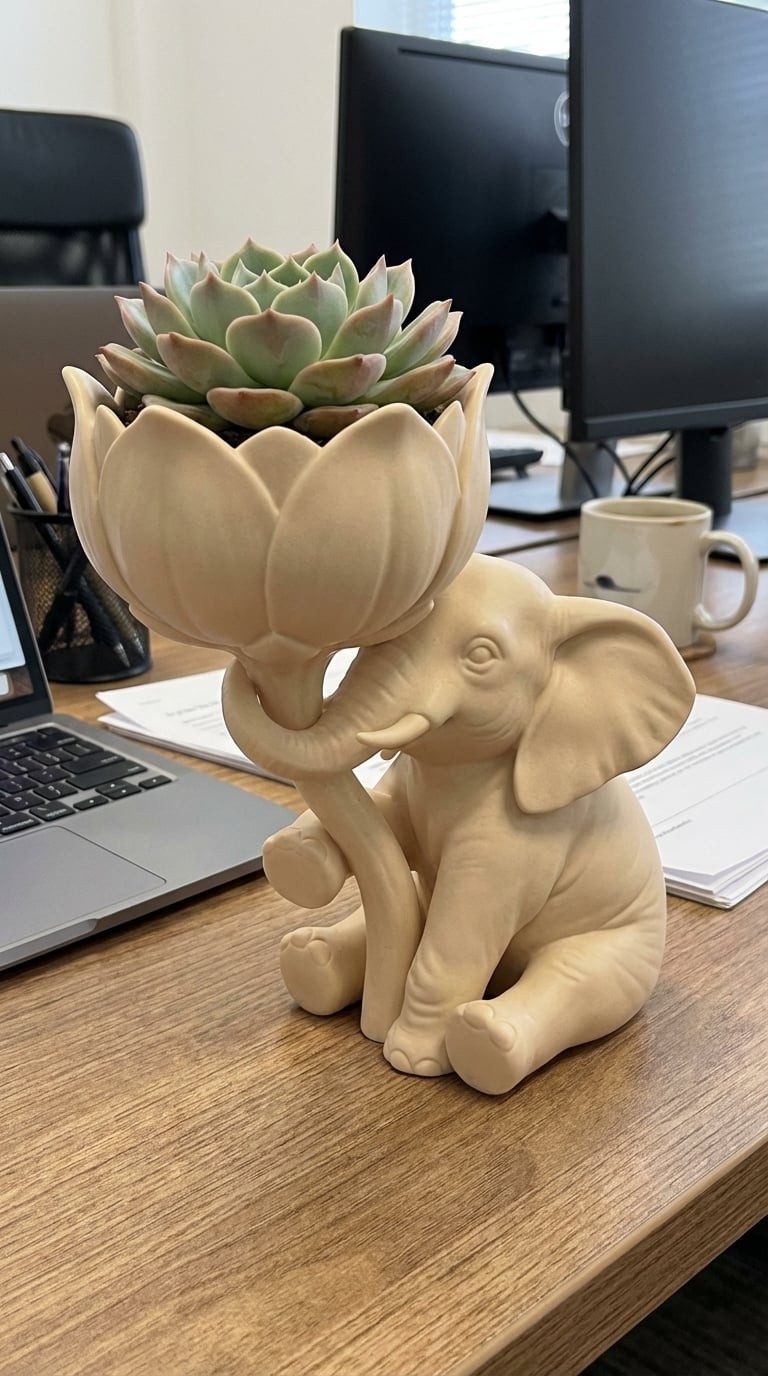 Whimsical Elephant Lotus Succulent Planter & Desktop Organizer 3d model