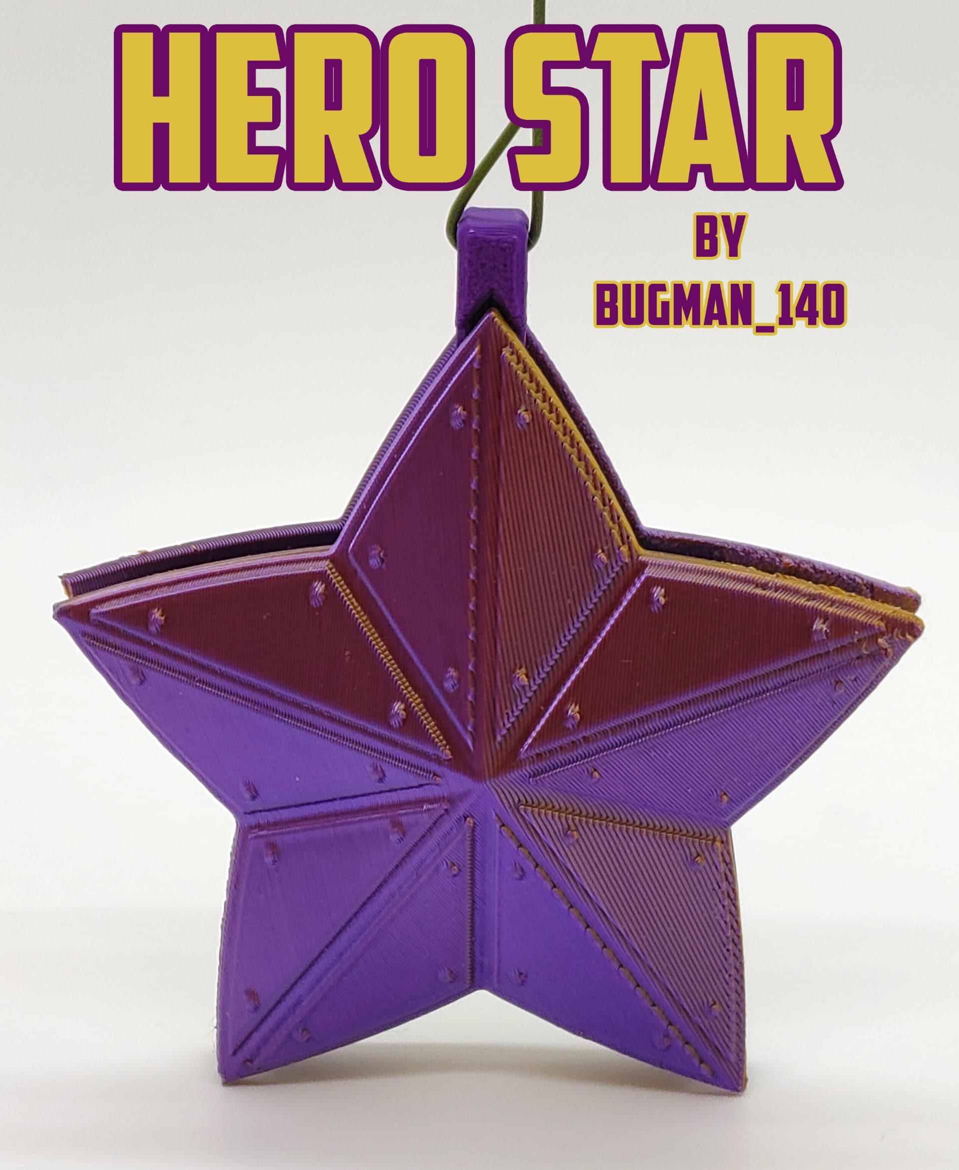 Hero Star printed in PolyMaker Dual Color Sovereign Gold Purple Silk PLA (outer shells) & Unknown Purple PLA (center part)