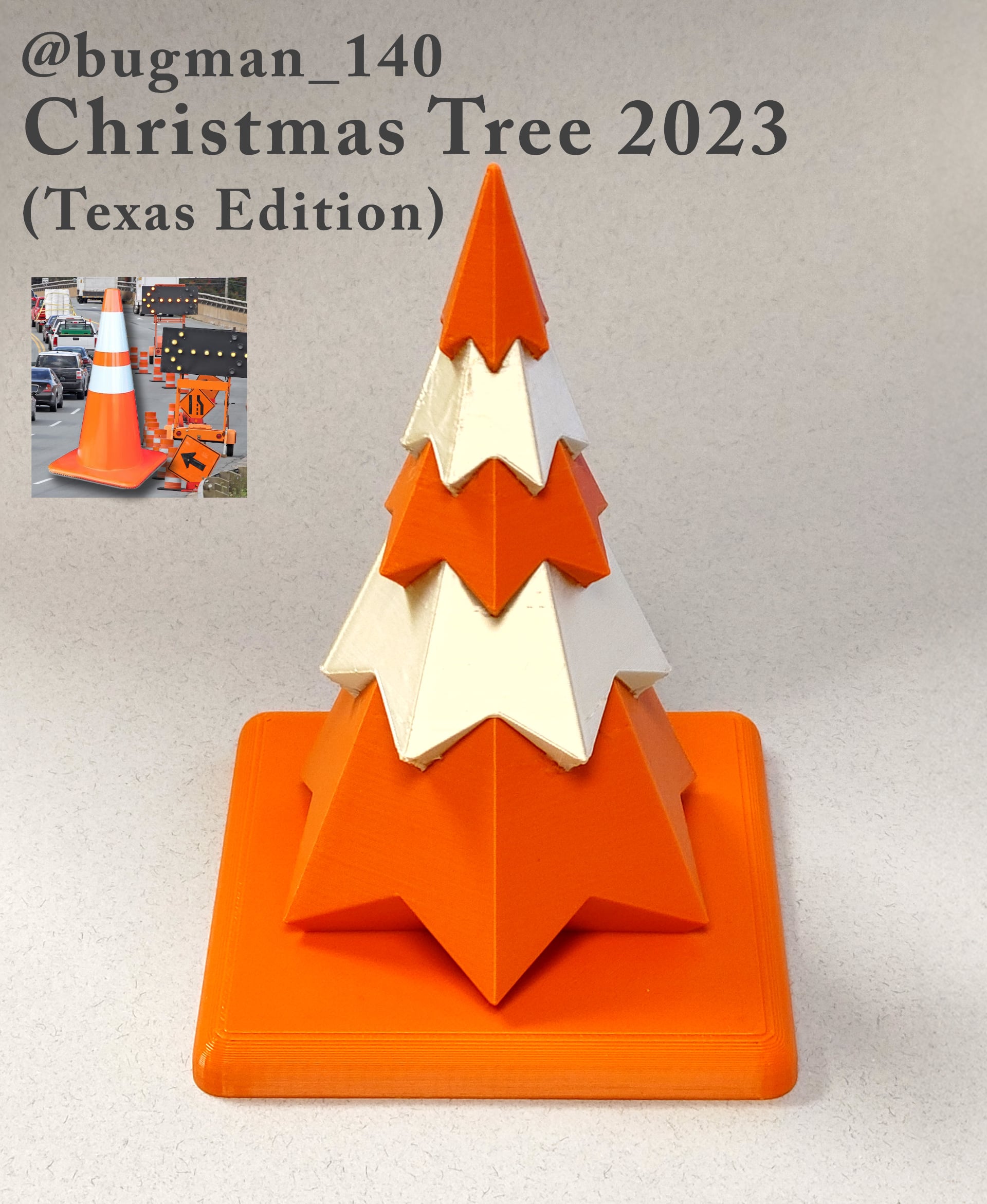 The Christmas Tree 2023 by @bugman_140
(Texas Edition) turned out great!! Now we have a tree that reflects the true spirit of visiting loved ones around Dallas during the holidays!
(printed in FilaCube Burnt Orange and Polymaker_3D
Silk Champagne Gold)