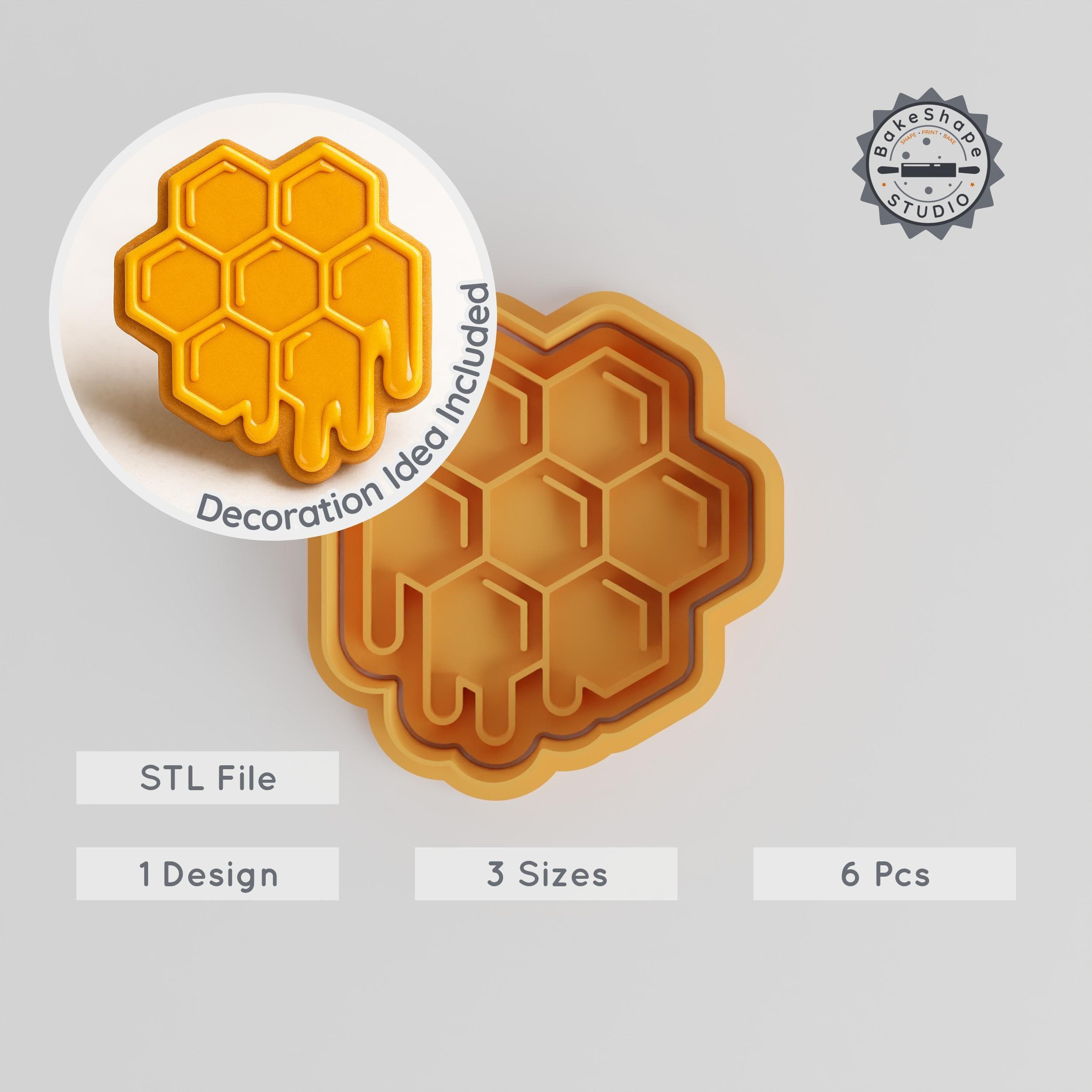 Honey Shape Cutter & Stamp, Cookie & Fondant Set, 3 Sizes, 6 Pieces, Bee & Honeycomb Design PRODUCT_313 3d model