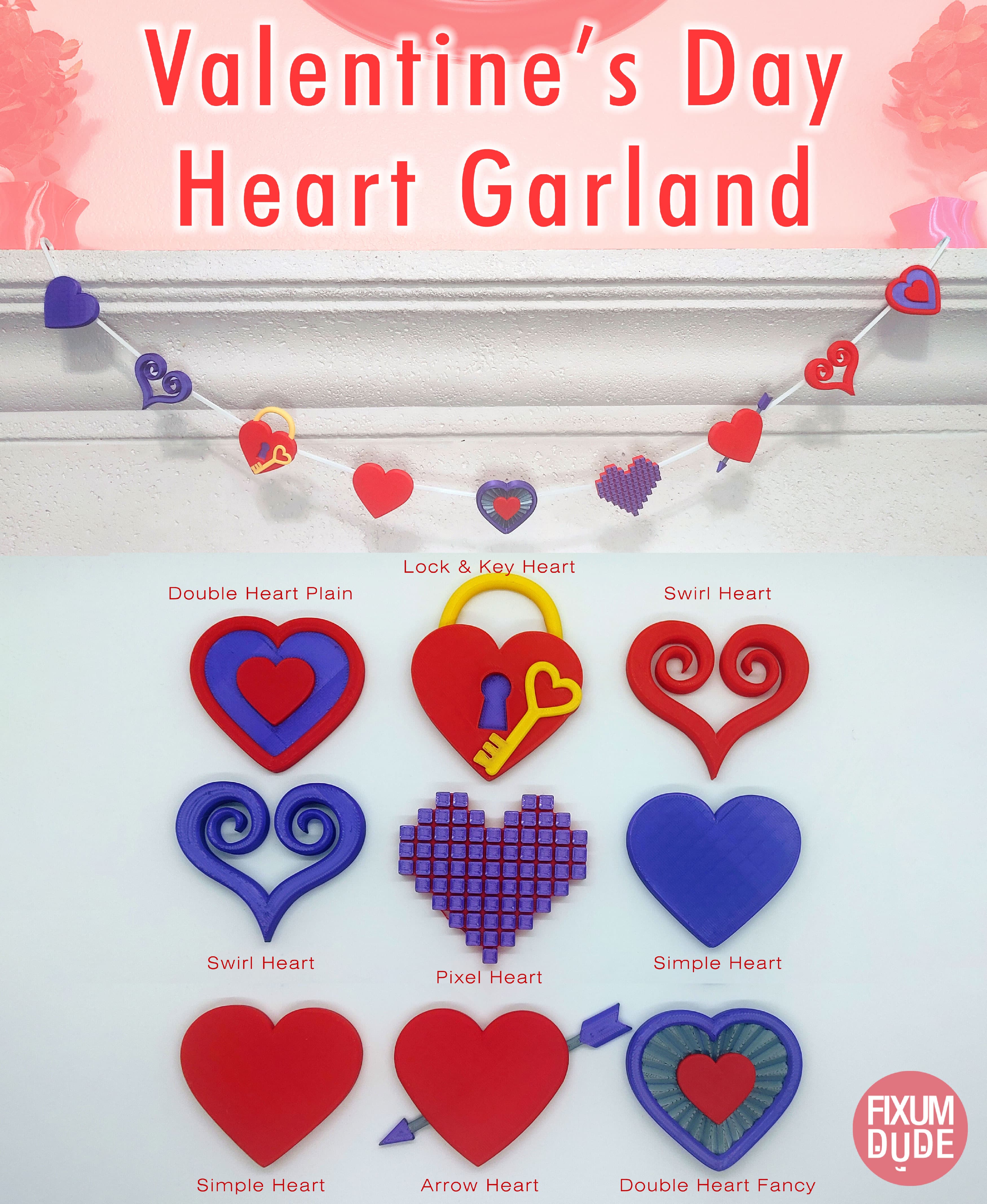 Valentines Hearts Variety Snap Together Garland Decorations 3d model