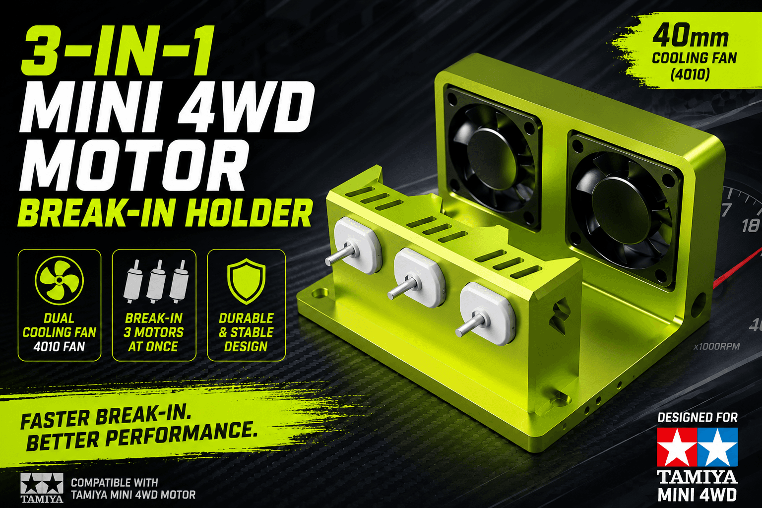 Mini 4WD 3-Motor Break-In Holder with Dual 4010 Cooling Fans | Tamiya Motor Break-In Station 3d model
