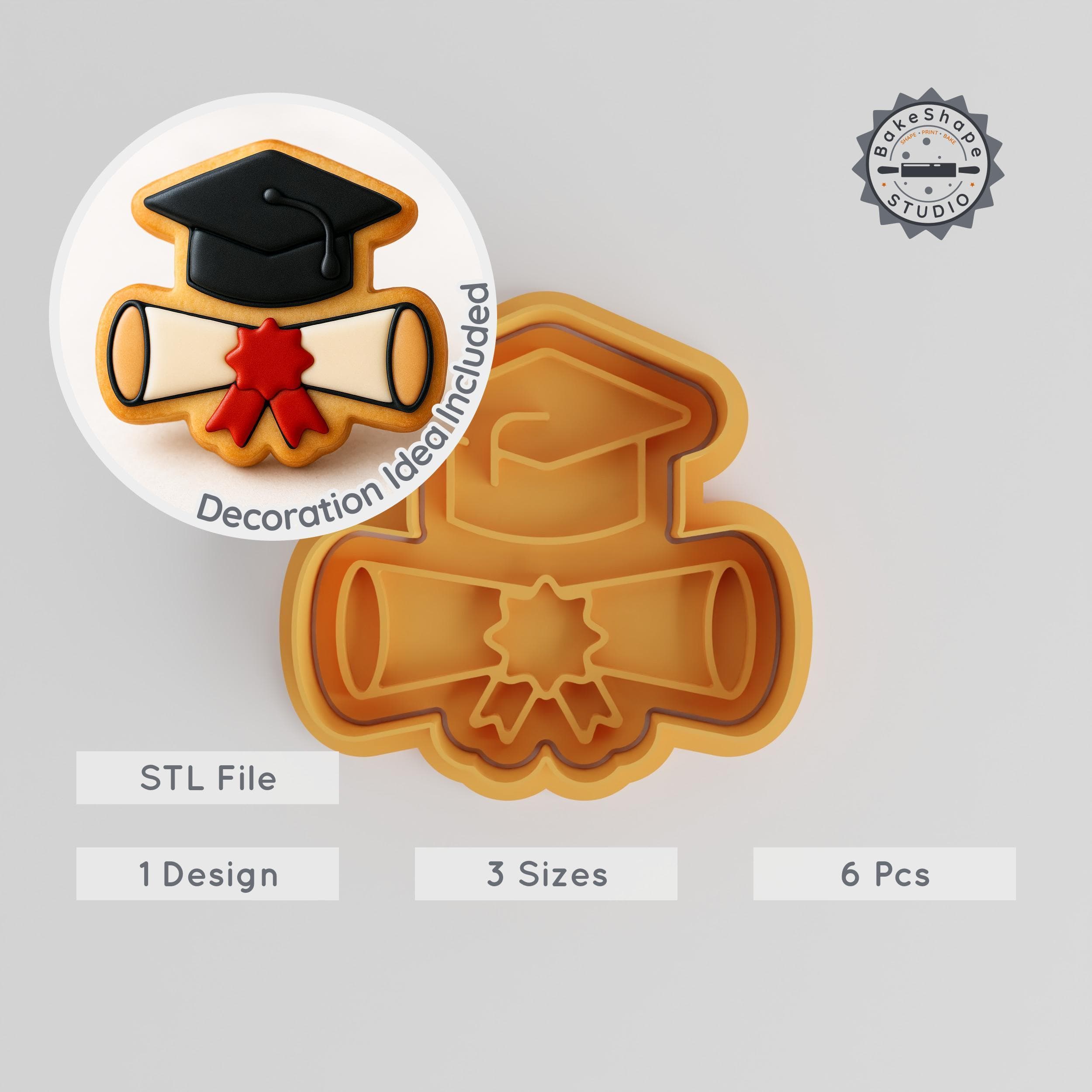 Graduation Cap & Diploma Cookie Cutter Stamp Set, 6-Piece Pack, Perfect for Fondant & Cookies, Includes S/M/L Sizes PRODUCT_97 3d model