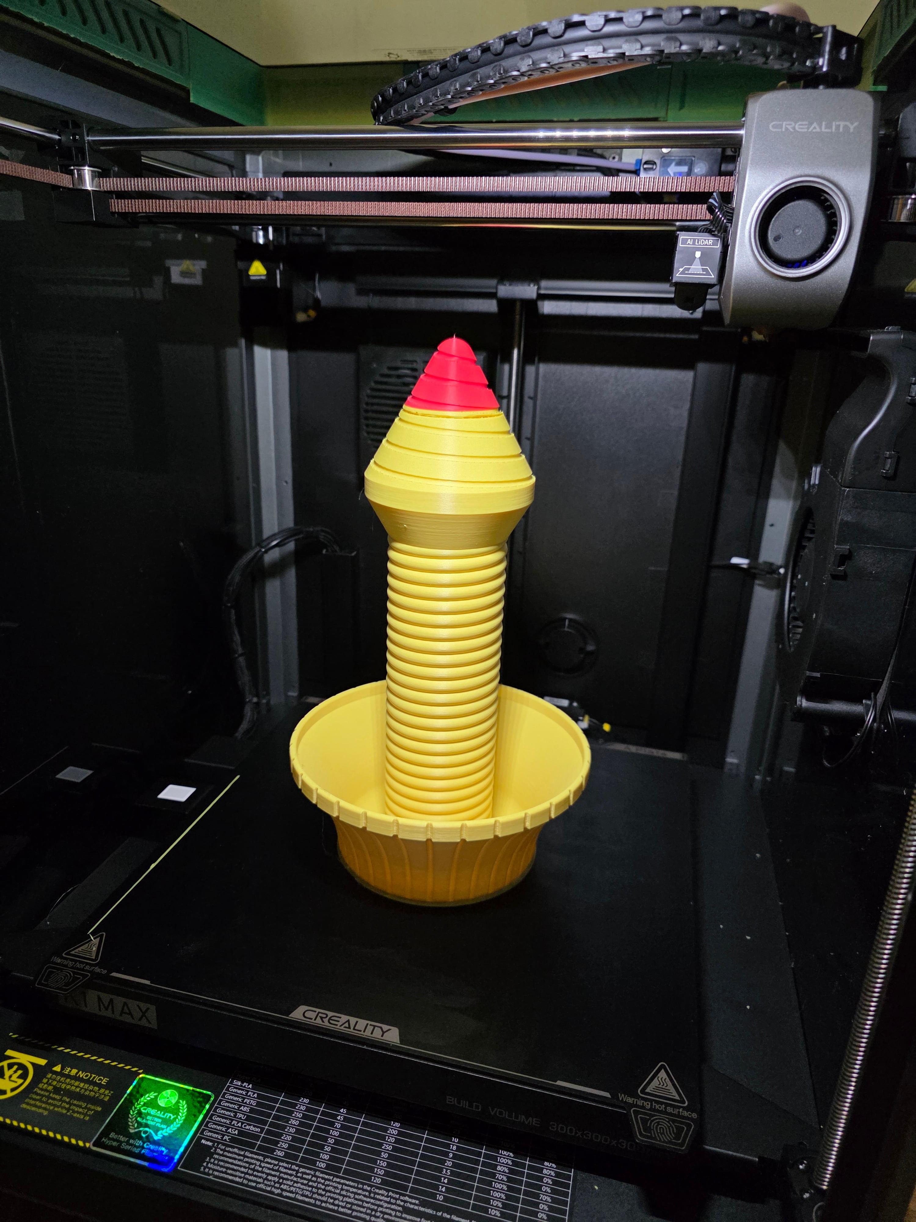 Well, I did it. I made the sword as big as I could in my print bed, had a slight problem with the very top, ran out of filament, and changed to red. Size 175.33 X 175.33 Y 294 Z mm