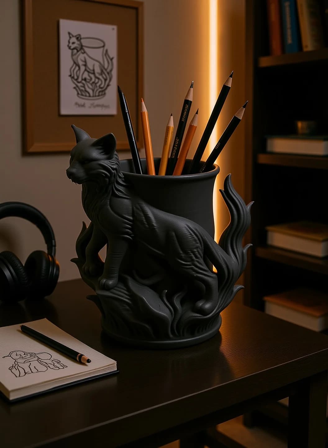 Dark Flame Fox – Mythical Pen Holder for Artists and Dreamers 3d model