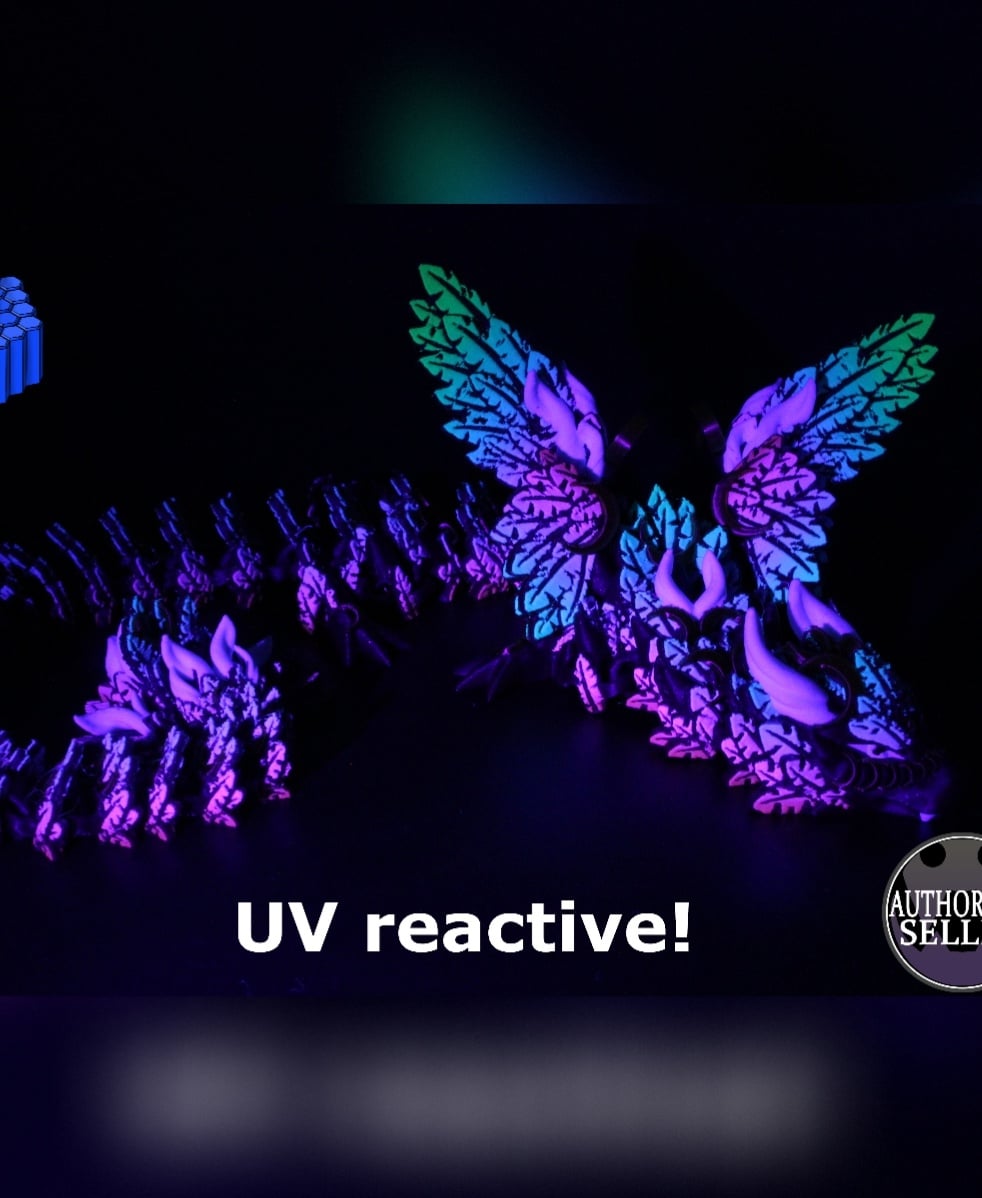 Printed with Ziro Rainbow Blaze, which is a highly UV reactive filament. This striking dragon looks even more dramatic with black light.