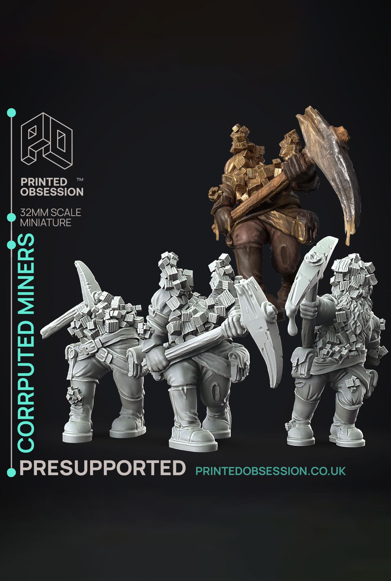 Corrupted Dwarf Miners - Flesh of Gold - PRESUPPORTED - Illustrated and Stats - 32mm scale 3d model