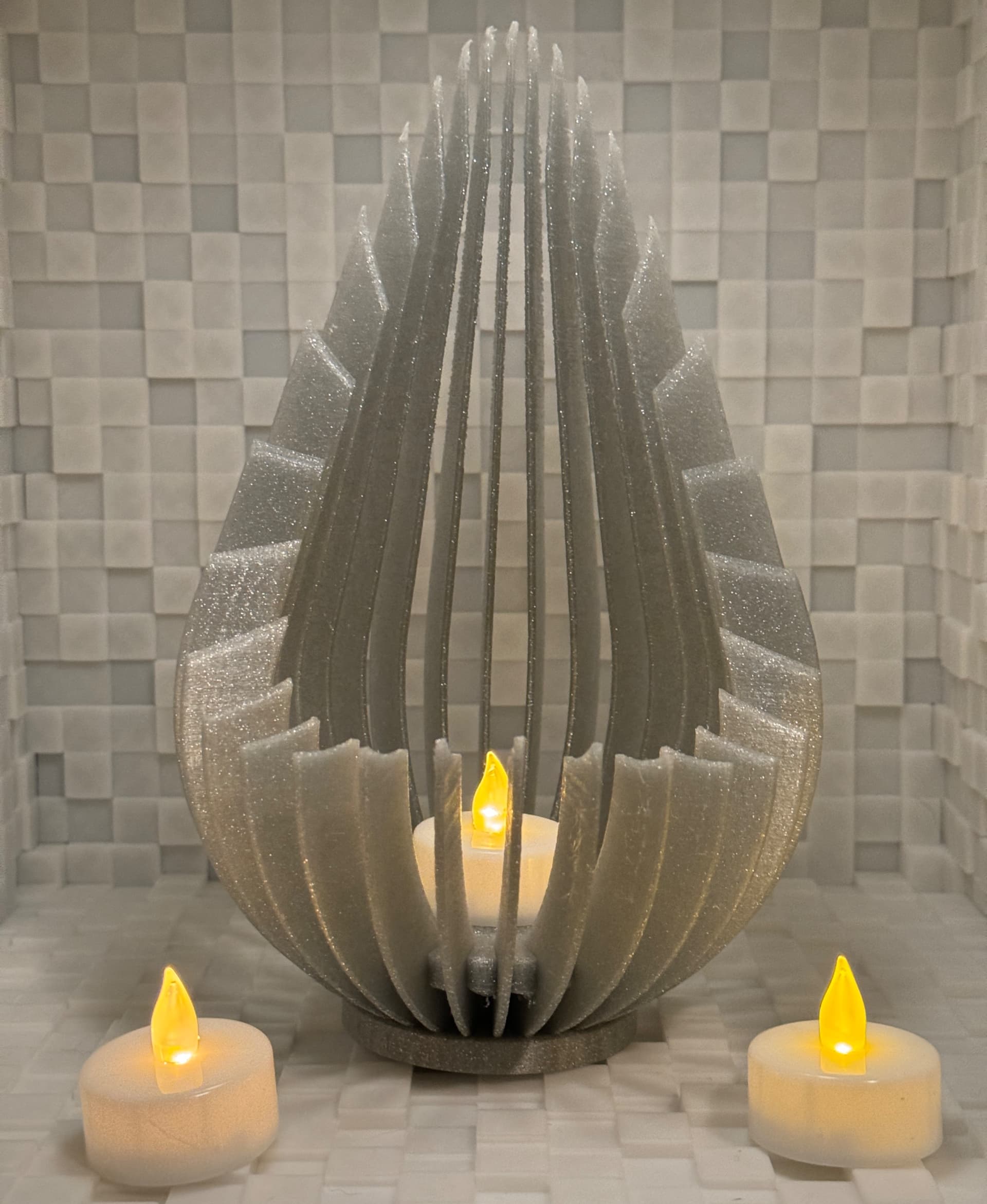 Such a great and unique candle holder. The photo does not do the model or the filament justice! Printed in Zyltech Cosmic Sparkle, a translucent natural PLA filled with glitter. It’s perhaps the most unique filament I’ve found to date. Zoom in to really appreciate it.