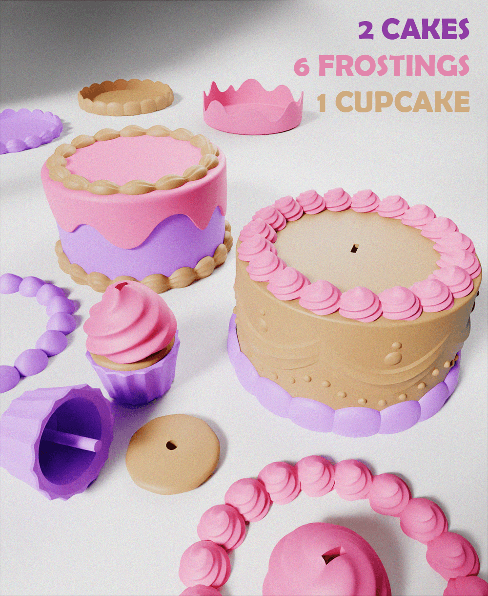Cupcake & 2 Cakes Modular Set 3d model