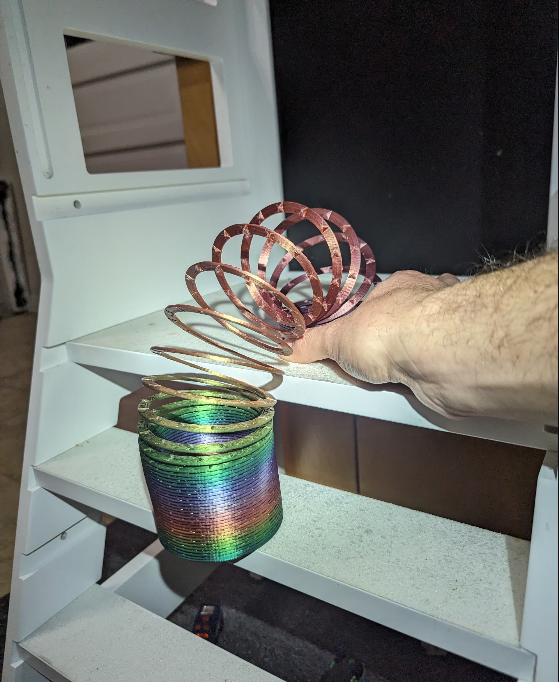 Springo in Hatchbox Dark Rainbow PLA. Used CHEP hyperfast cura setting at 0.15 layer height, 5walls, which reduced the print time down to 6.5hrs.