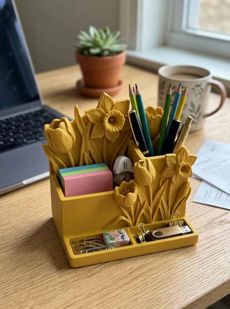 Floral Desk Organizer 3D Print Pencil Holder 3d model