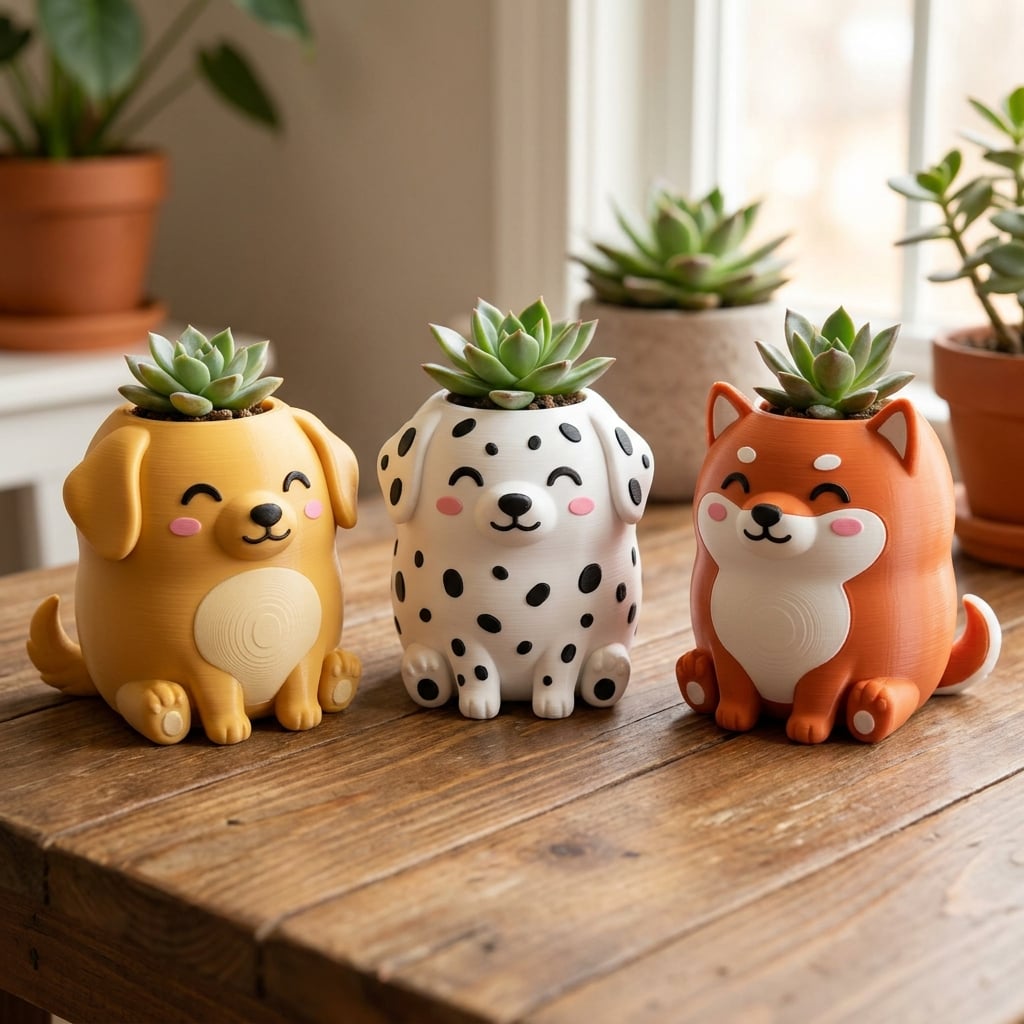 Cute Chibi Dog Planter Trio – Support-Free Collection 3d model