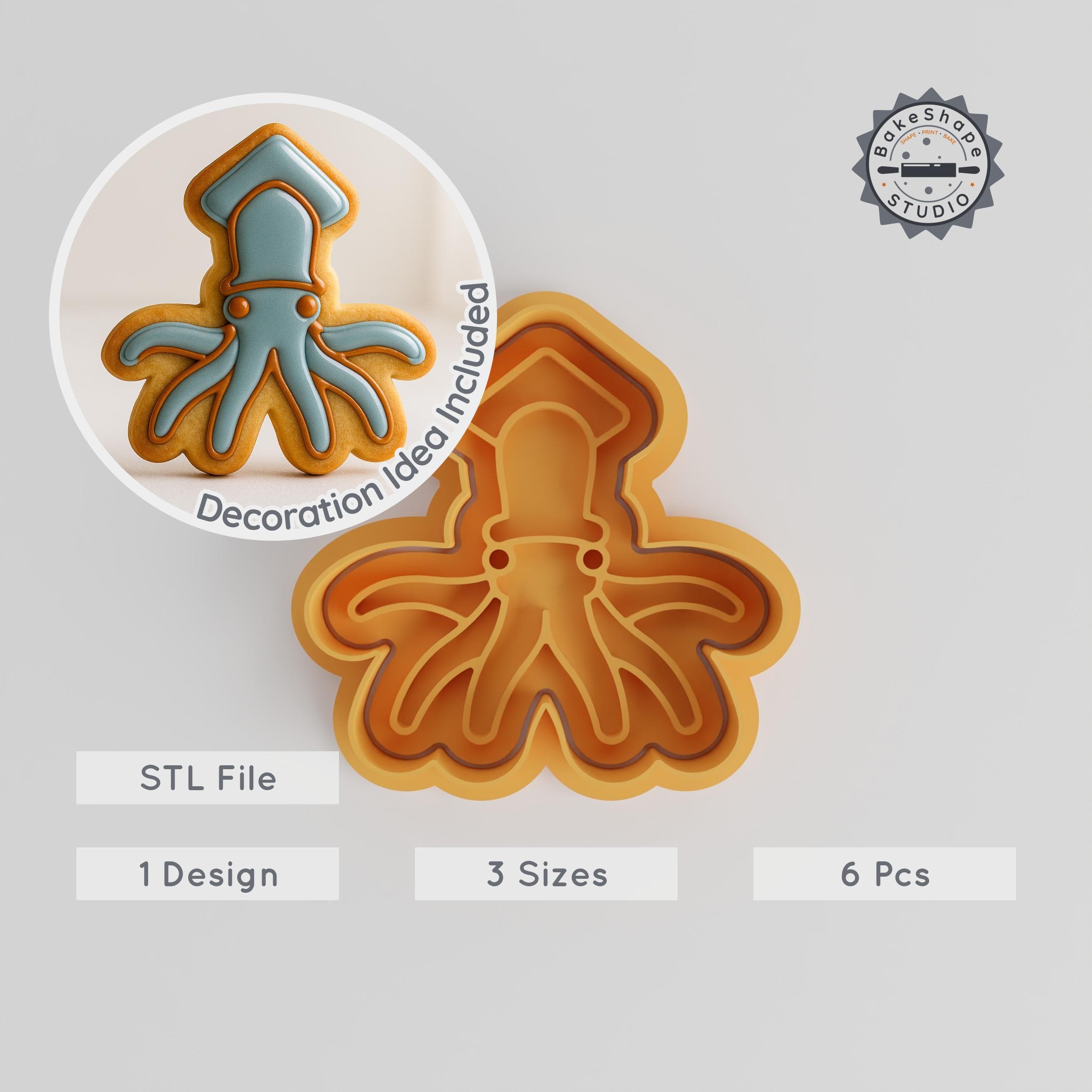 Squid Shape Cutter & Stamp Set, Cookie & Fondant Designs, 6 Pieces, Octopus, Sea Creature, Marine Life PRODUCT_1144 3d model