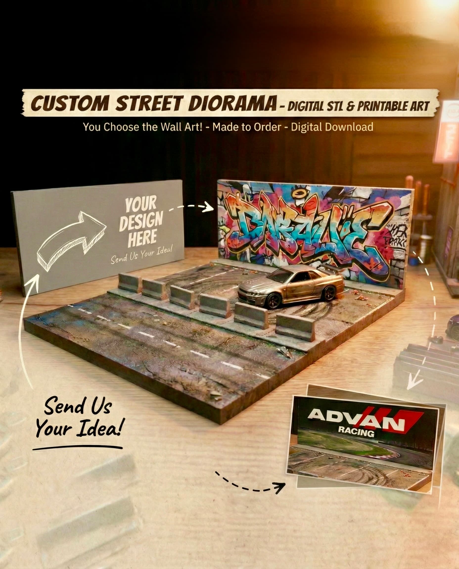 1/64 Custom Street Diorama STL | Personalized Wall Art | FDM & Resin 3d model