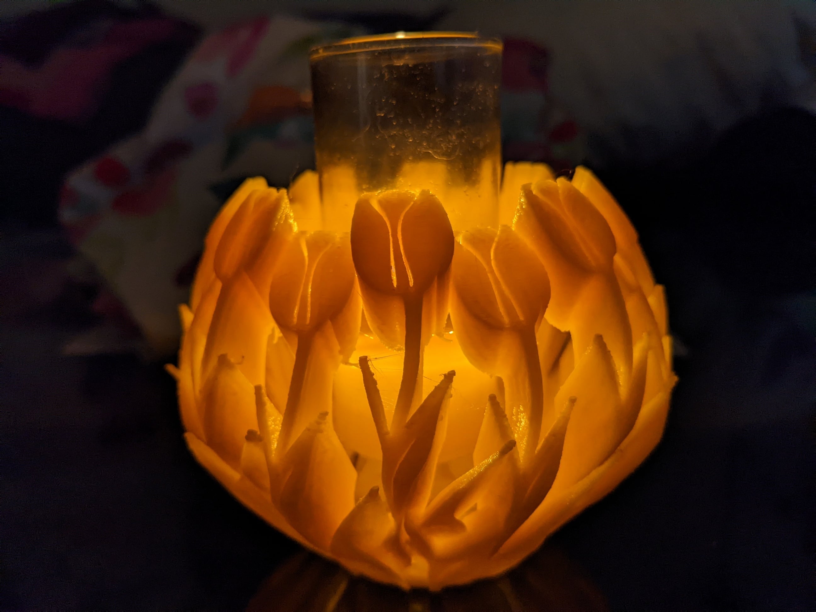 In the center of this Matterhackers Yellow PLA Sprint Tulip Bowl is a tall slender candle. I didnt want one that was any lower than the model because PLA melts so easily. Although the candle could be a little shorter.
