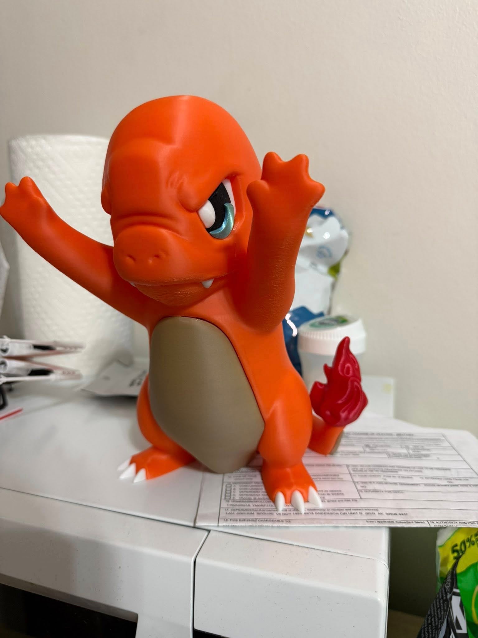 I rarely mess with printer settings, I just download and print. But this is what the slicer pulled up the 3mf files as lol.
No AMS used , just printed in parts and glued. Typical PLA colors, minus the stomach and eyes. I had to use a "wood" color for the stomach , and a multi color silk for the blue eyes. But now he can glare at everyone outside :D