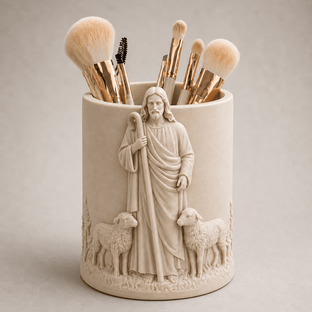 Good Shepherd Jesus Makeup Brush Holder STL – Christian Vanity Organizer 3d model