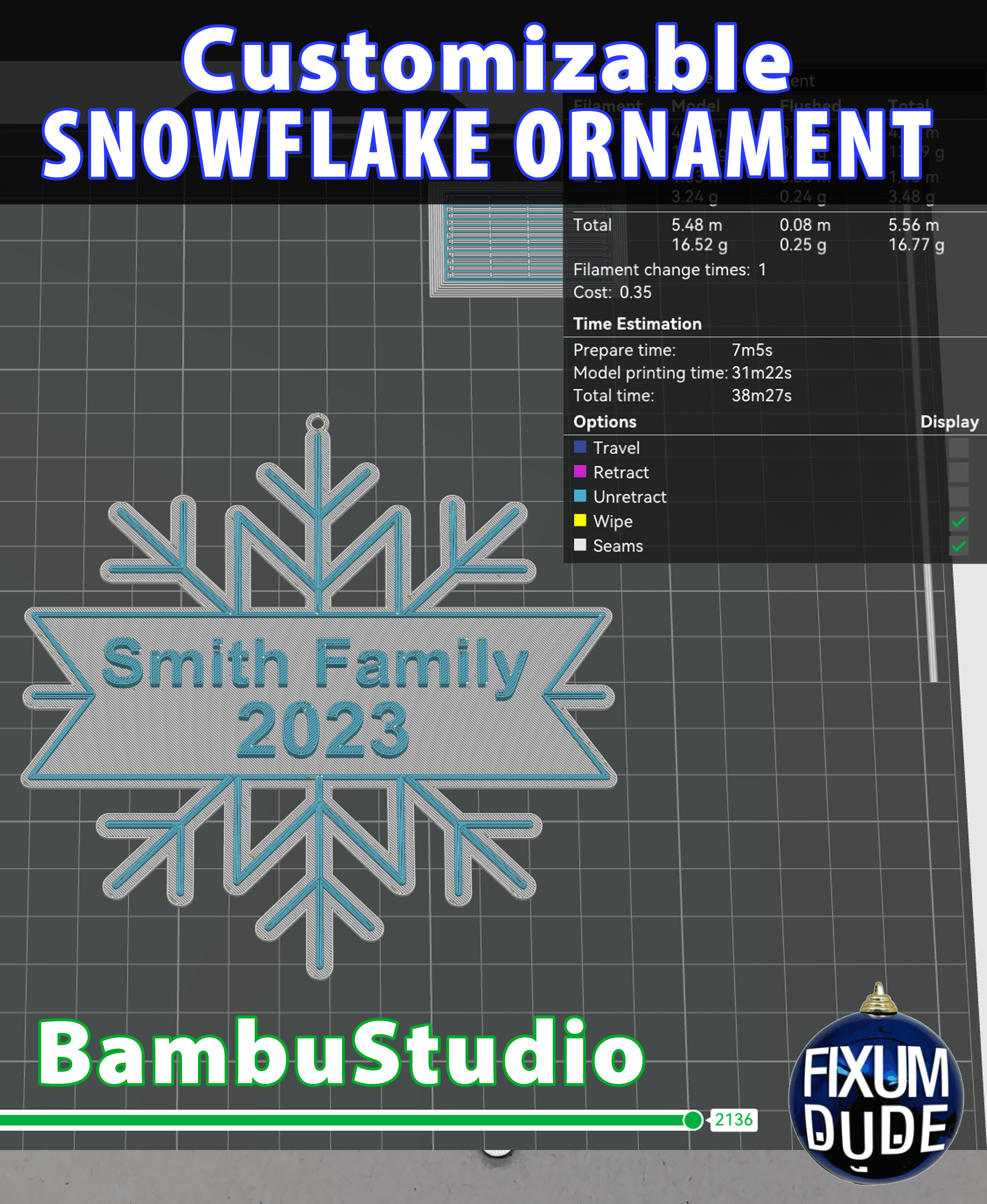 Customizable Snowflake Ornament 3d model