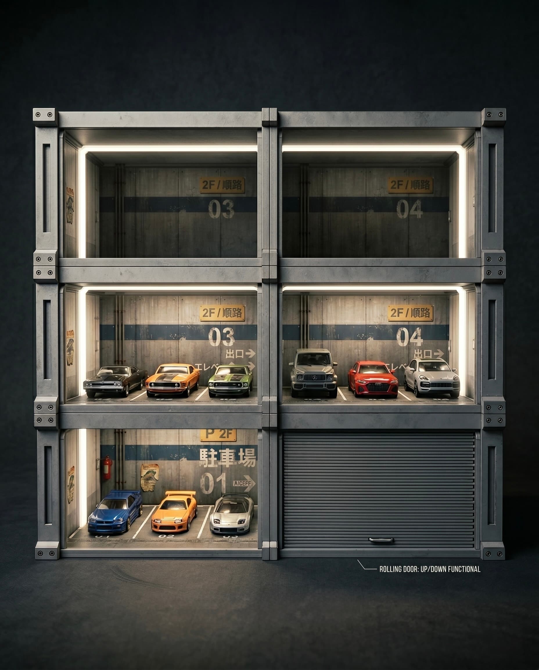 Modular 1/64 Garage Display System with Sliding Doors – LED Ready Diecast Diorama STL 3d model