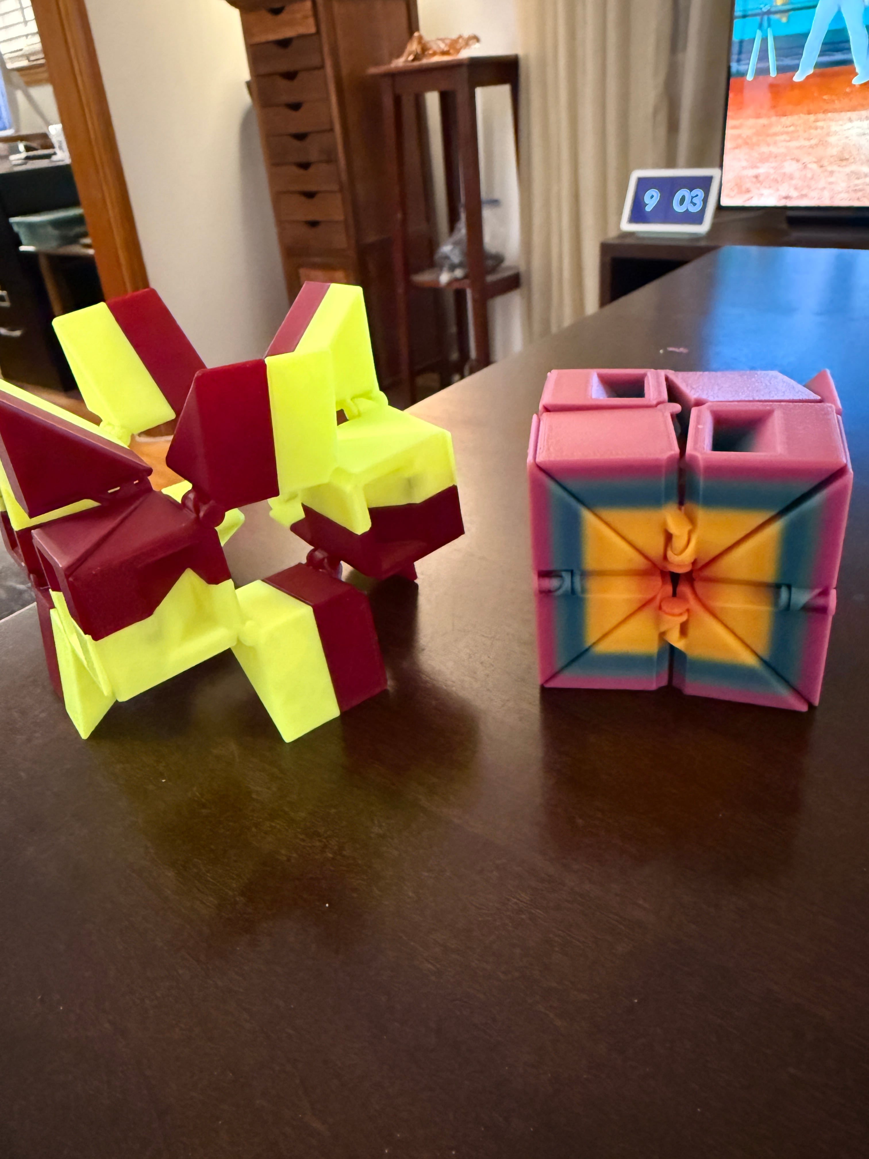 The multi color All plates only have half the amount of pieces. I printed it again to have enough pieces and it works great.
I initially thought something wasn't right because I couldn't turn the cube inside out. I kept getting a small middle cube and a half cube on top and bottom.
Edit: No hinge problems (yet). Very nice print. I used Protopasta filament because I liked the sound yours made :)