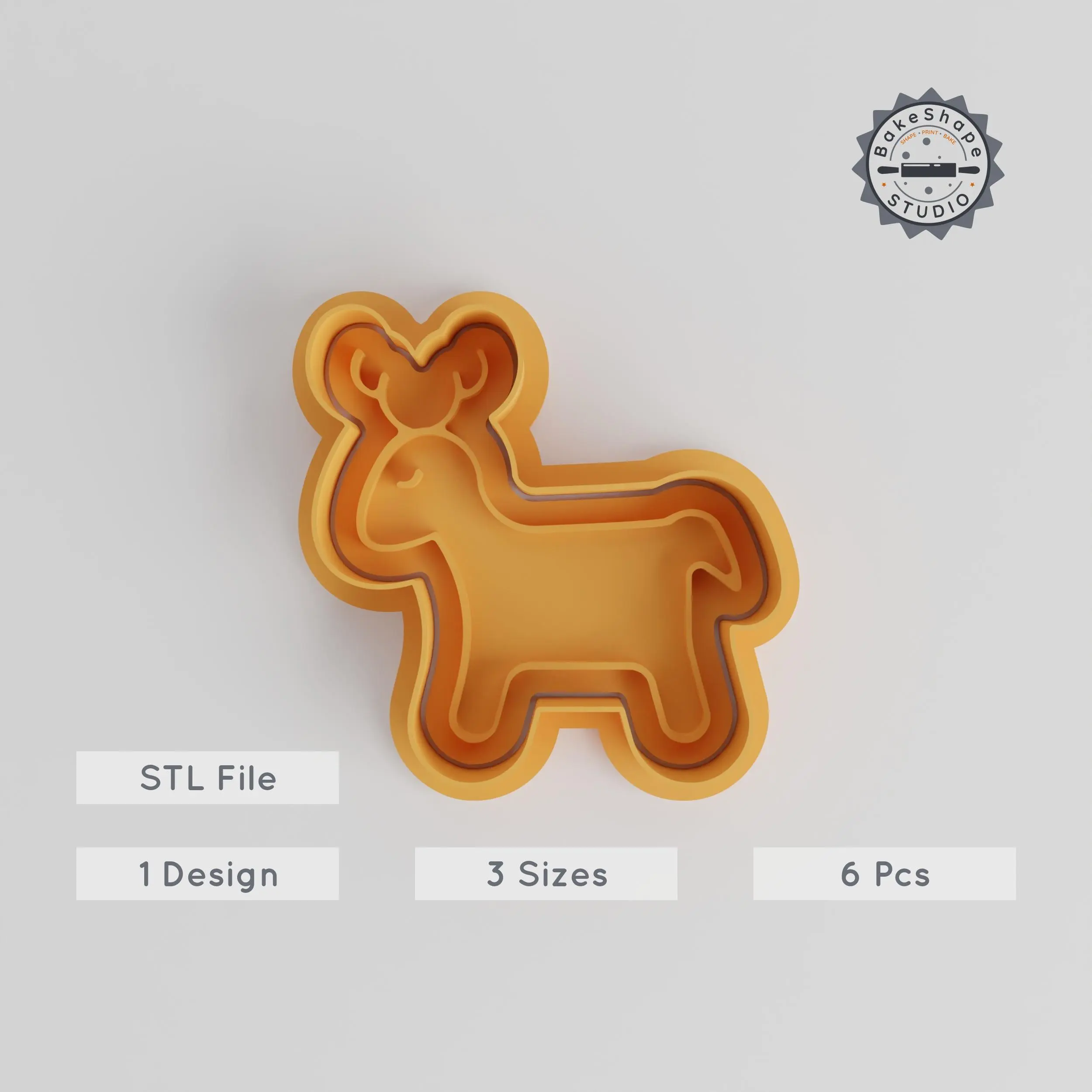 Reindeer Shape Cutter & Stamp Set, Cookie & Fondant Tool, Animal Design, 6 Pieces, 3 Sizes PRODUCT_4927 3d model