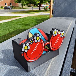 Summer Heart Coaster Set | Retro Flower Child Coasters with Matching Holder 3d model