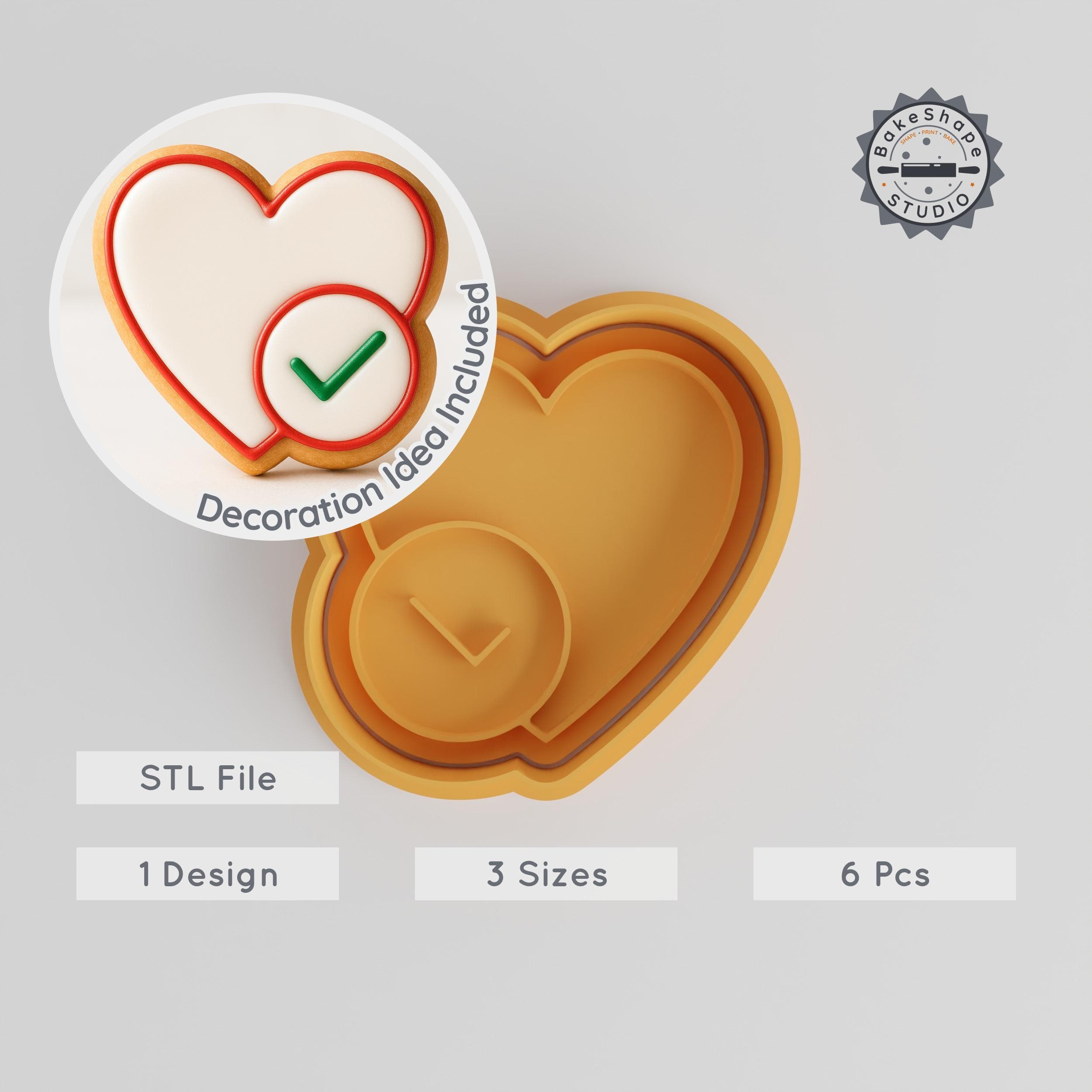 Heart Check Mark Cookie Cutter & Stamp, Love Verified Shape, Perfect for Fondant, 3 Sizes S/M/L PRODUCT_182 3d model