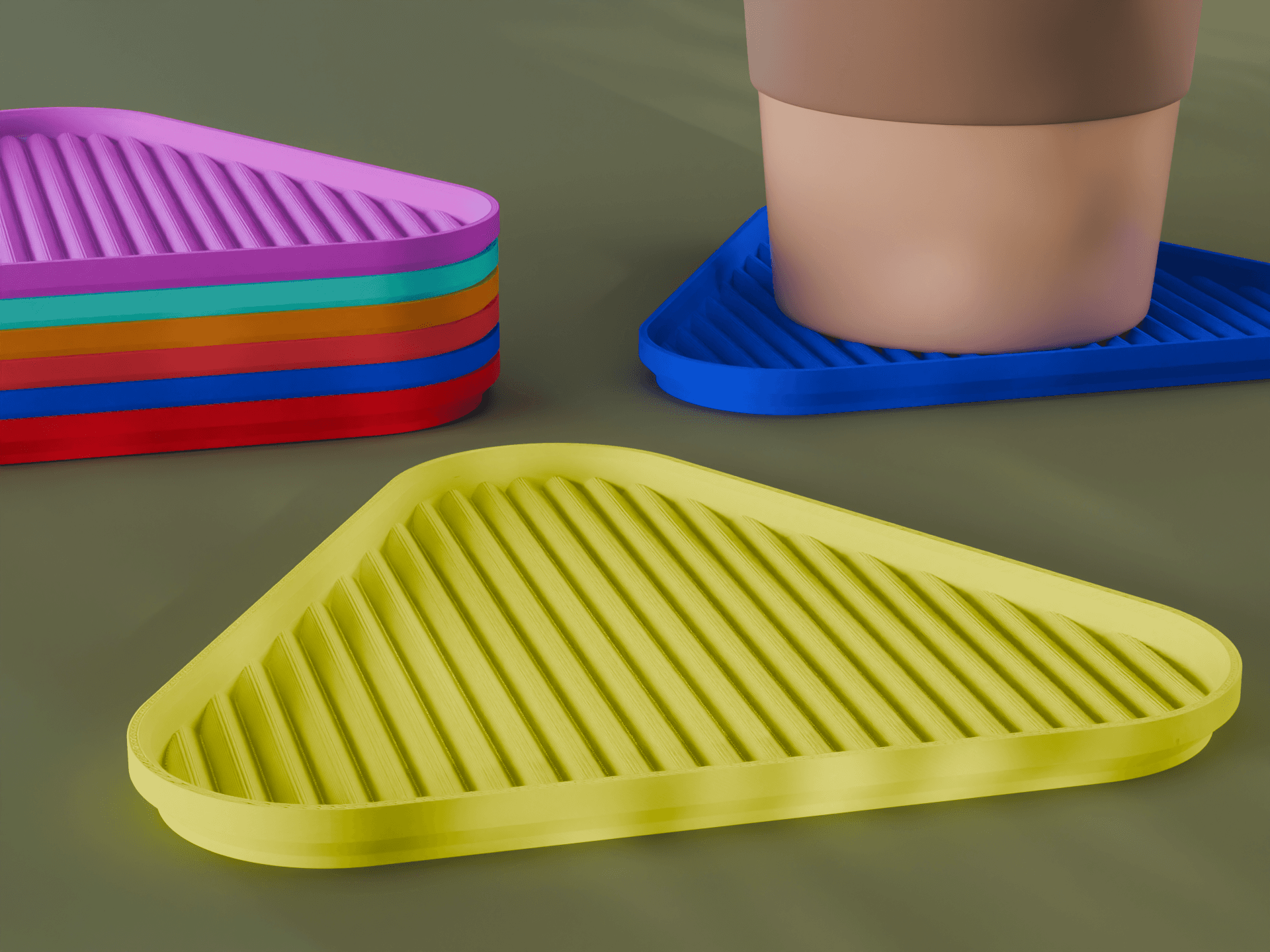 Stackable Scalloped Triangle Coaster Set 3D Print STL File | 3 Sizes 3d model