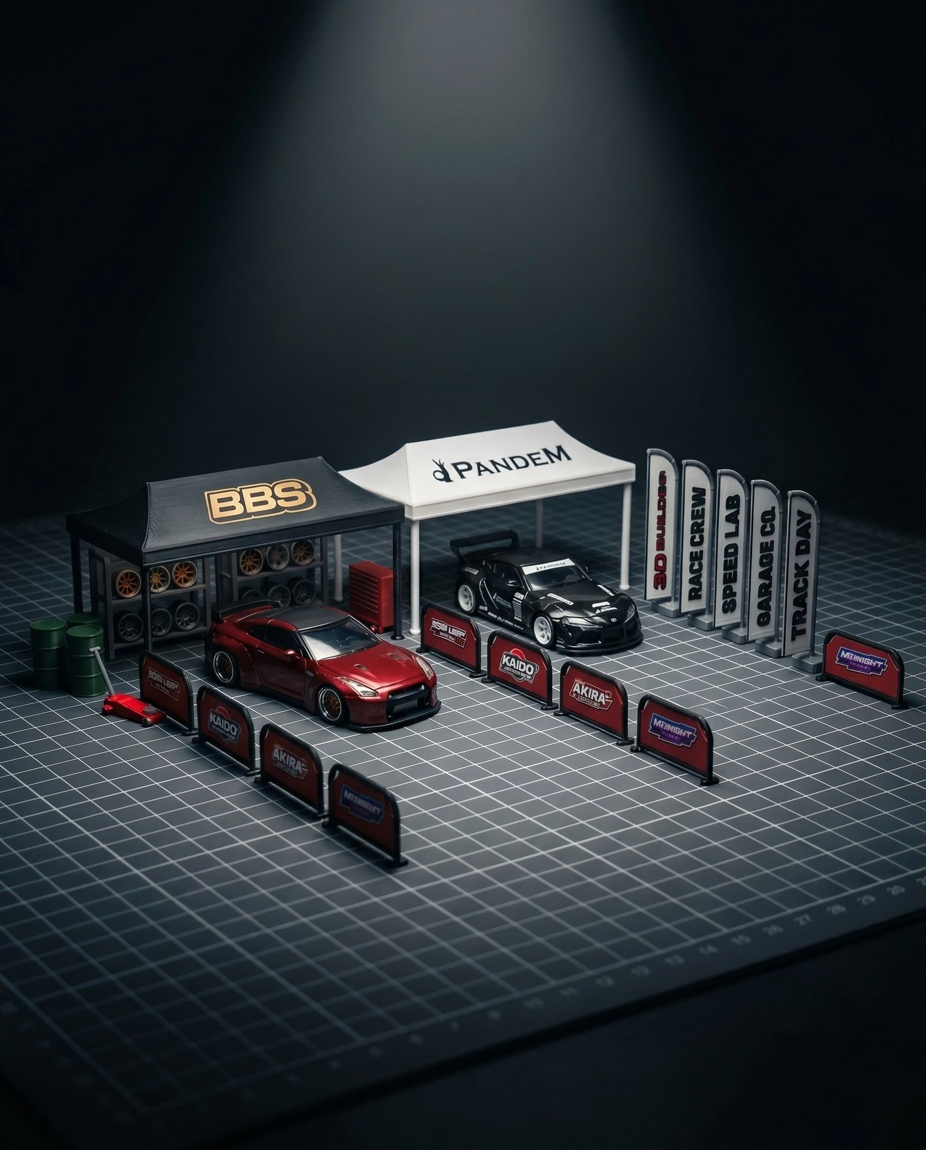Tokyo Pit Stop Set 1/64 Scale JDM Modular Diorama Kit Garage Tent Barrier STL 3d model