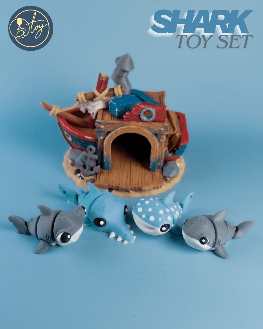 Articulated Shark Set & Sunken Ship House 3d model