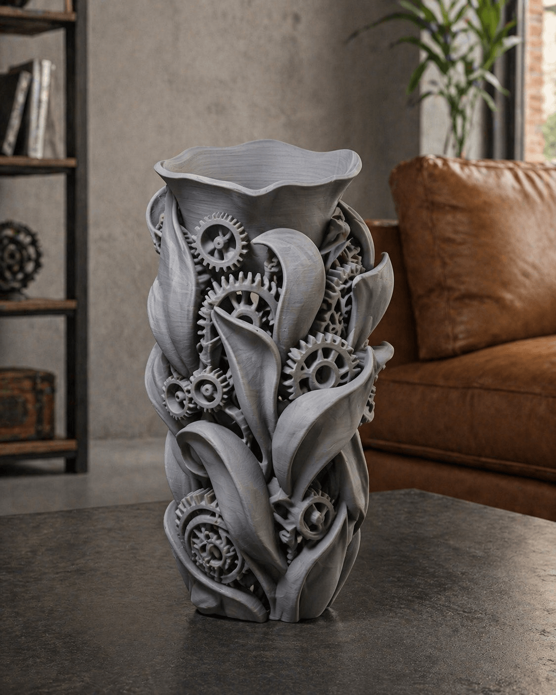 Gray Steampunk Gear Leaf Vase 3d model