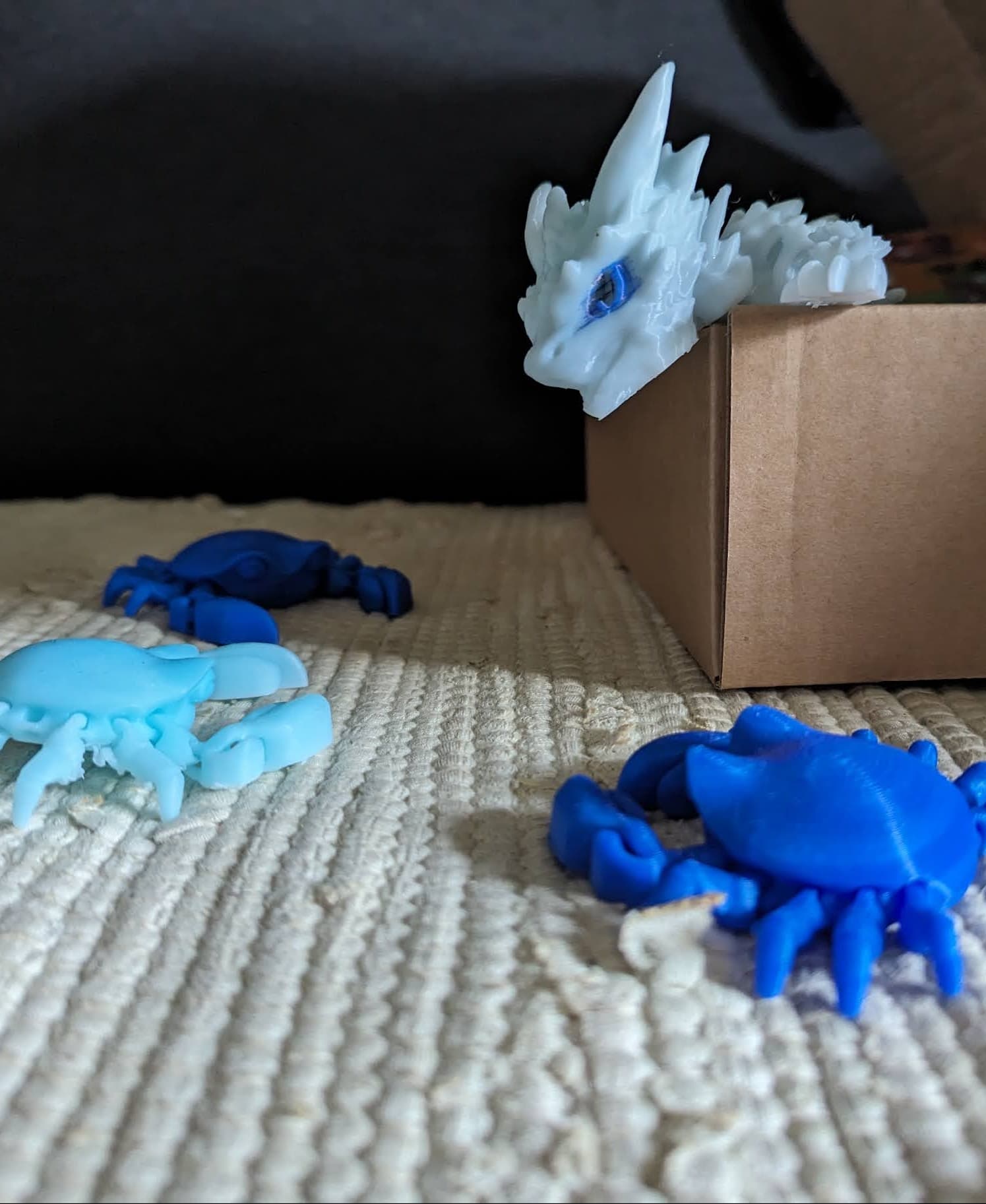 One of my kid's favorite articulated models is the McGybeer crabs. Here they are having a little meeting with Memetics3D's Frostbite