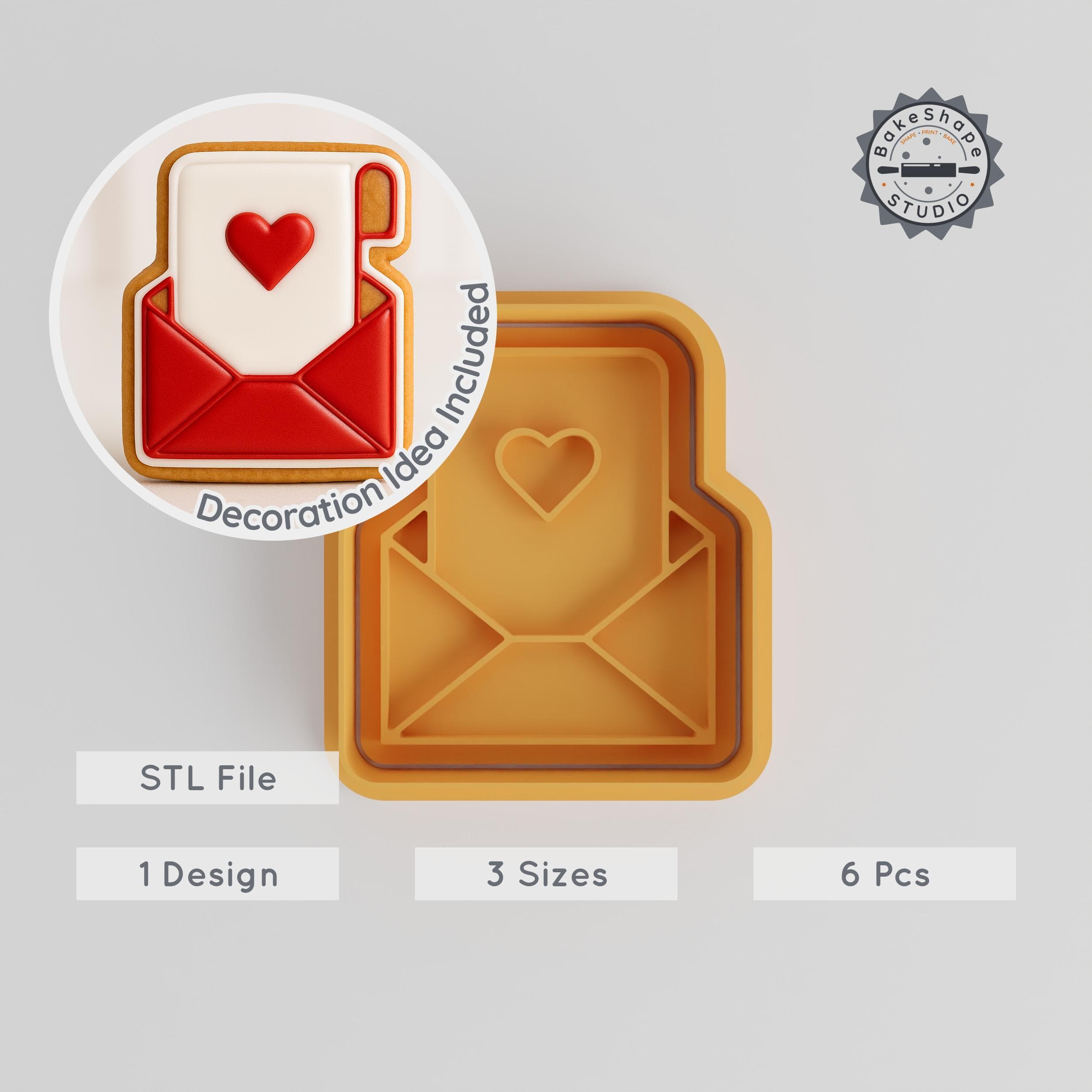 Heart Mail Shape Cutter & Stamp, Love Letter Cookie & Fondant Tool, 3 Sizes S/M/L, 6-Piece Set PRODUCT_39 3d model
