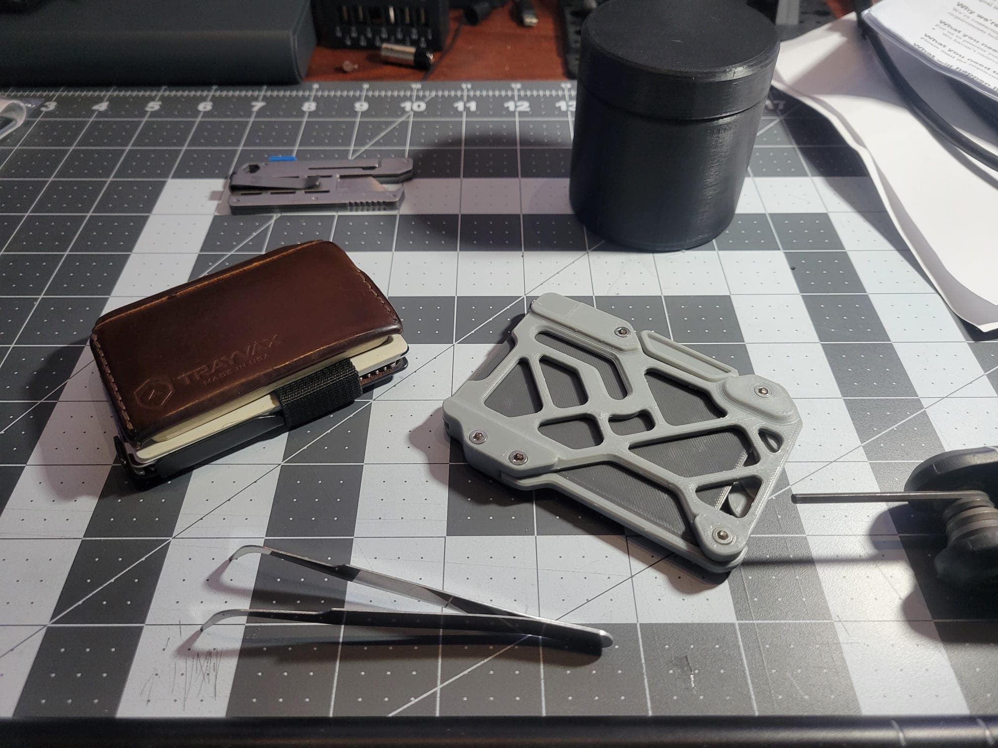 Absolute genius! The skeletonized design really makes this wallet stand out. I printed out a placeholder card as I only had 2 credit cards and my license to carry. The placeholder shows through the design; adding to the skeletonized effect. My make picture shows your design next to my Trayvax(tm) notepad wallet. I might just pay to try out your captive magnet design!