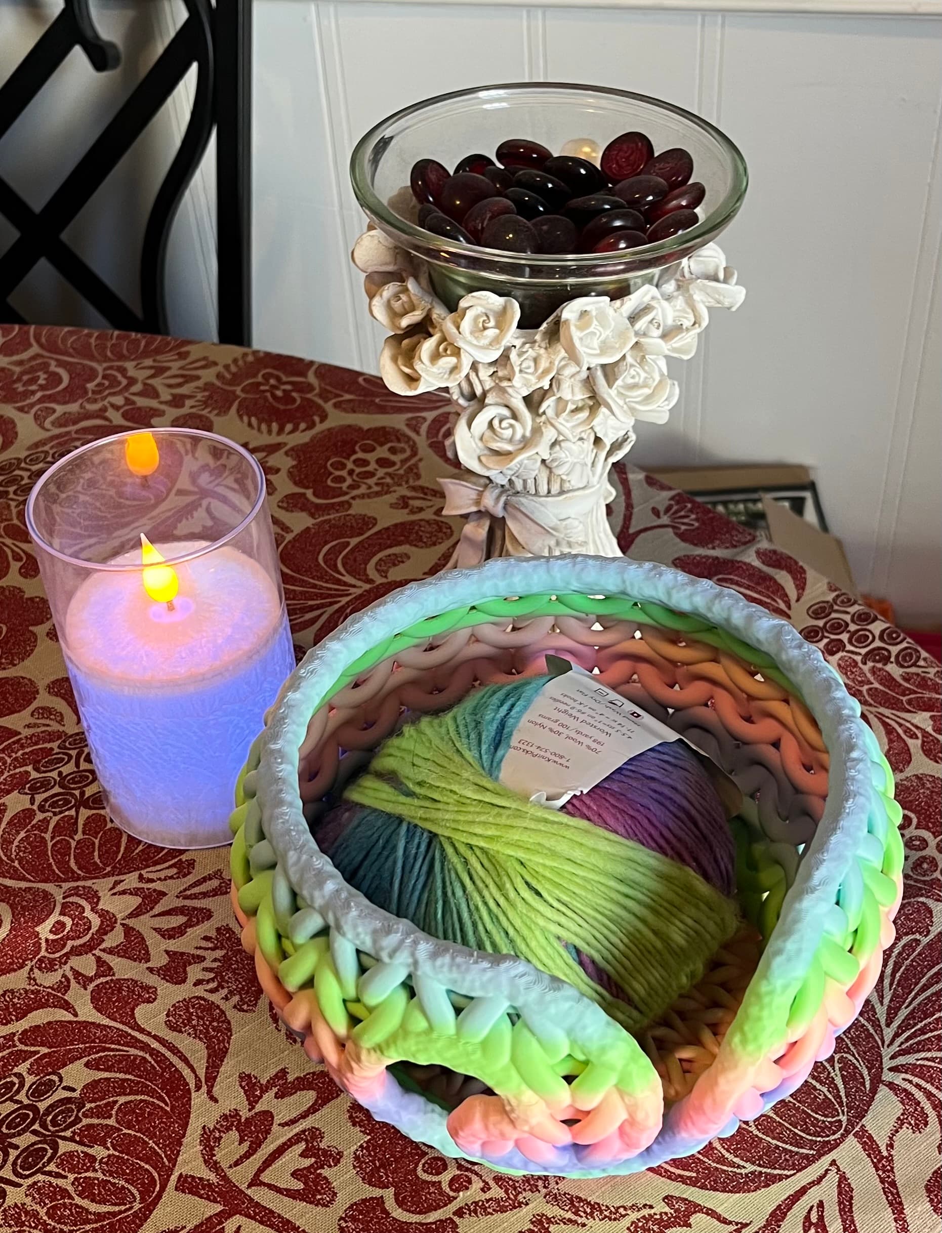 Printed at 110% in a gorgeous Lavoon Matte Rainbow PLA. I had to go in and paint supports. The first time I tried to print it, the swirl failed. That's notoriously hard to print. I'm super happy with my print.