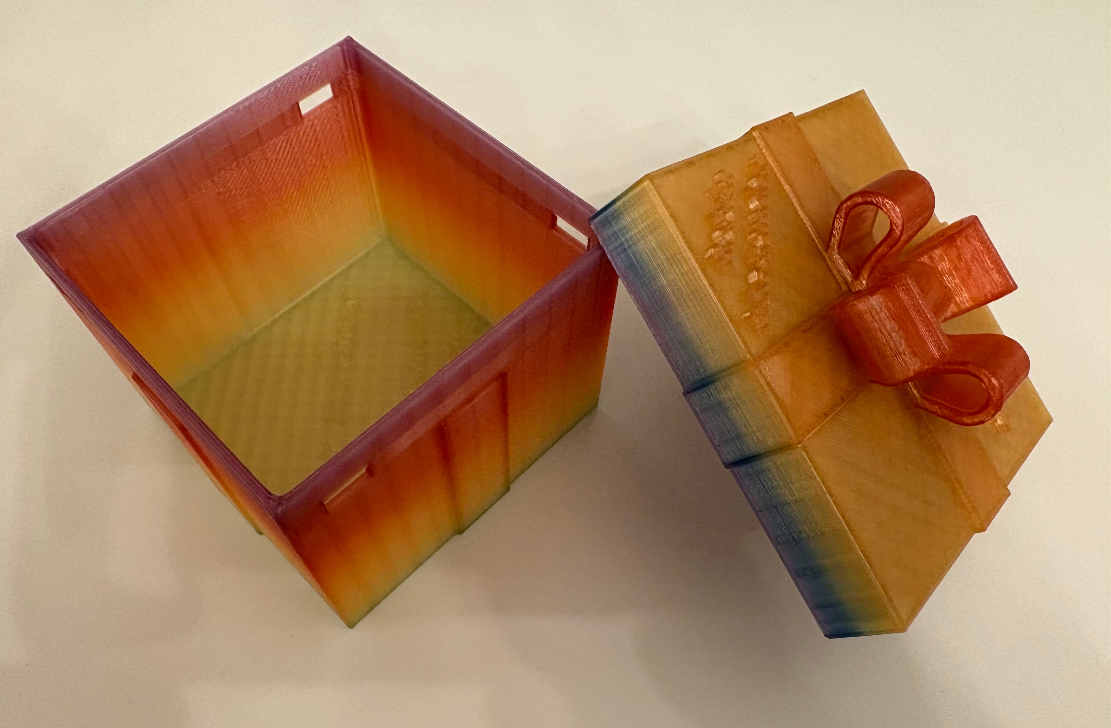 I've given two or three of this model as gifts, with text added at the inside bottom and on the outside top. It takes a while to "loosen up" the moving parts before giving it as a gift. The main downside is that the four ribbons are so high that it's quite difficult to get a good grip on the center piece in order to turn it. But it's so clever and interesting that both I and the recipients like it. But I think they leave the box "unlocked" because it's so difficult to grip the center piece.